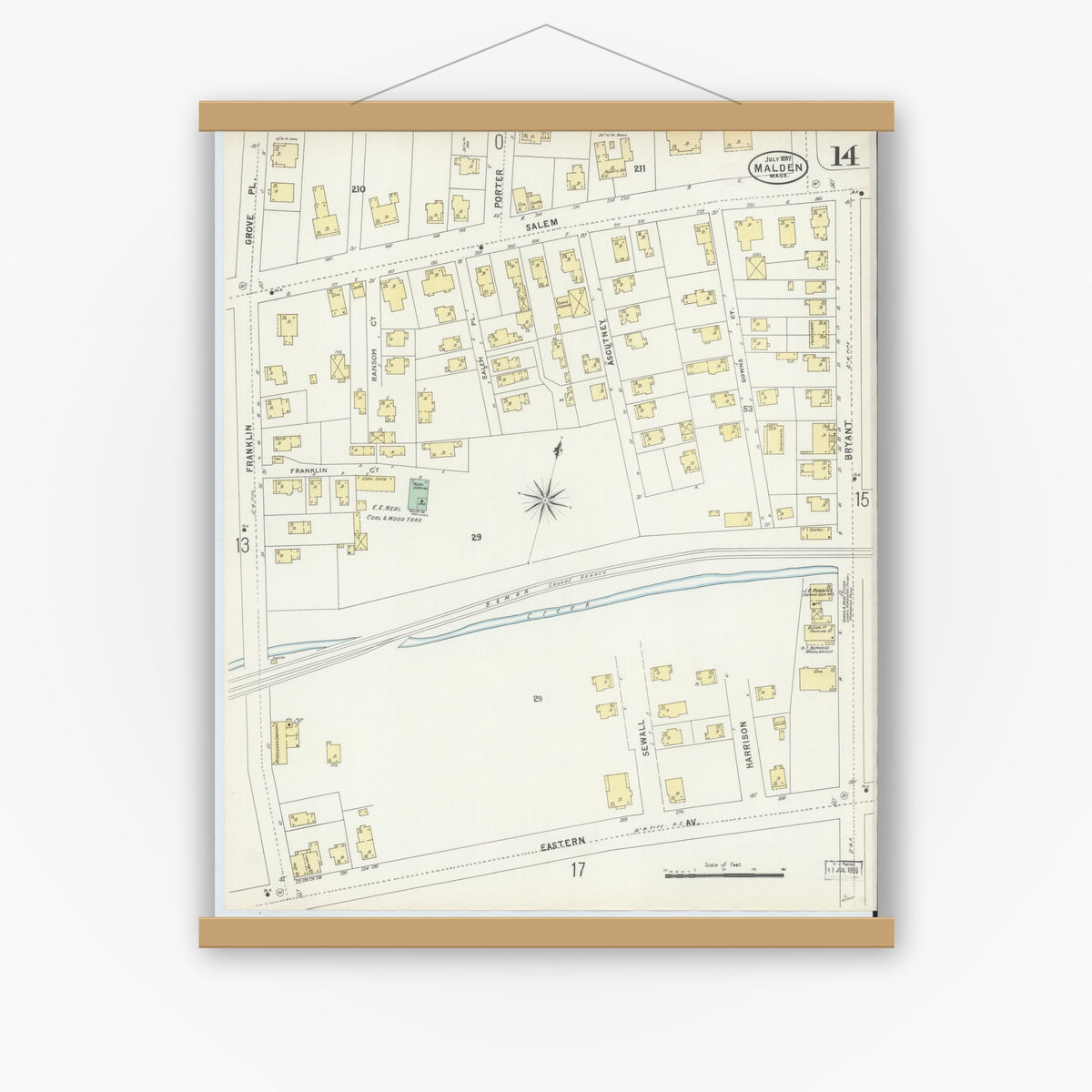 Old map wall art mockup — magnetic wood frame on white wall — Sanborn Fire Insurance Map from Malden, Middlesex County, Massachusetts (1897), Sheet #0014