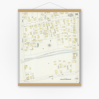 Old map wall art mockup — magnetic wood frame on white wall — Sanborn Fire Insurance Map from Malden, Middlesex County, Massachusetts (1897), Sheet #0014