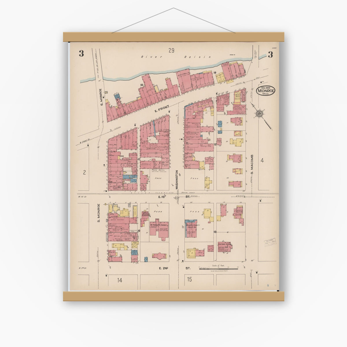 Old map wall art mockup — magnetic wood frame on white wall — Sanborn Fire Insurance Map from Monroe, Monroe County, Michigan (1922), Sheet #0003