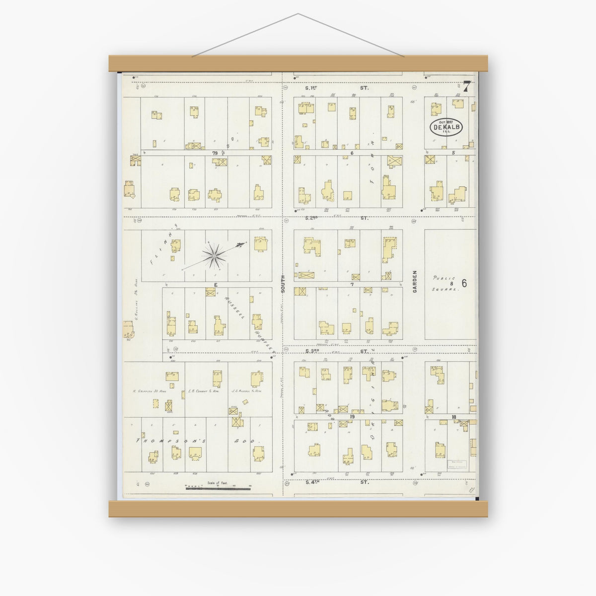 Old map wall art mockup — magnetic wood frame on white wall — Sanborn Fire Insurance Map from De Kalb, De Kalb County, Illinois (1897), Sheet #0007