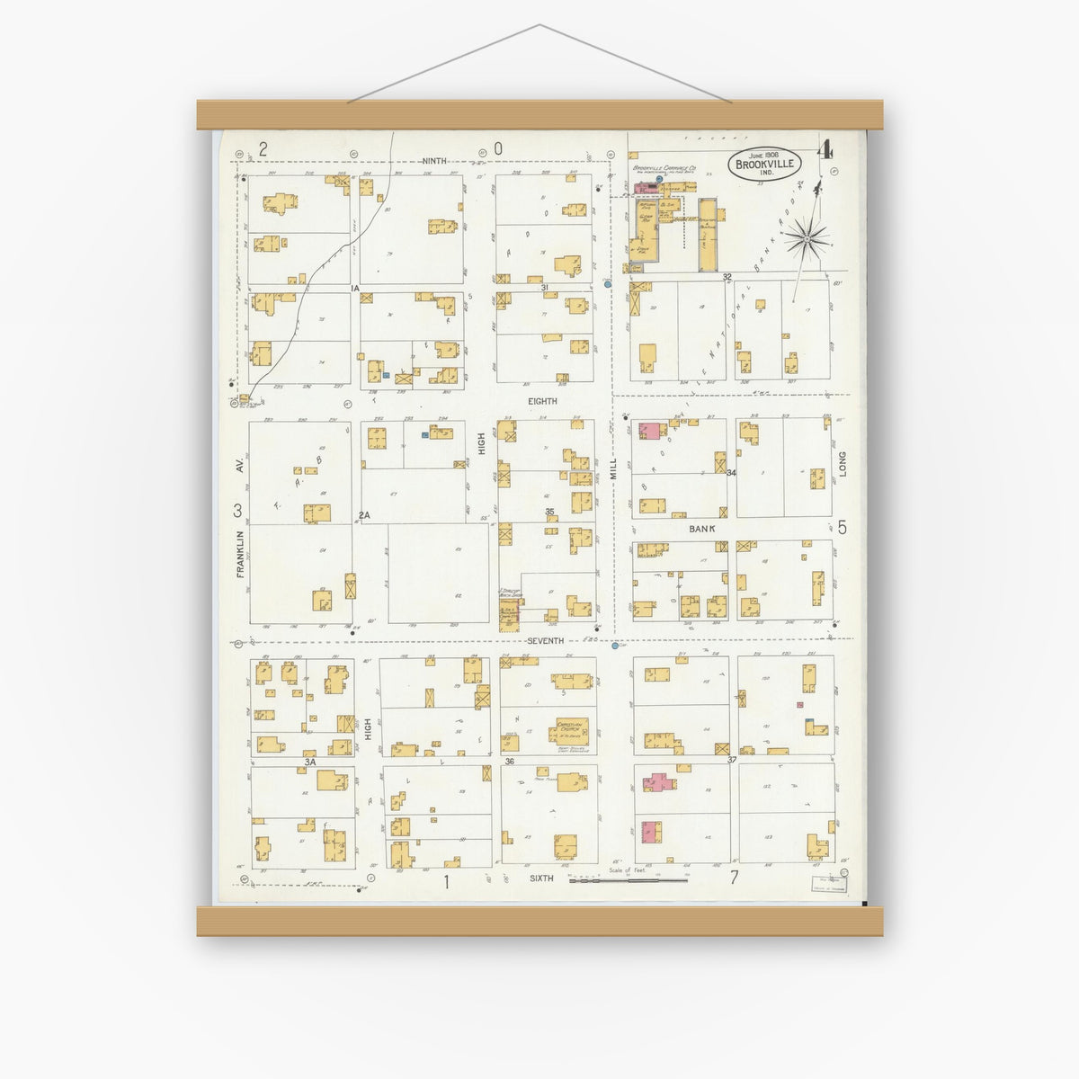 Old map wall art mockup — magnetic wood frame on white wall — Sanborn Fire Insurance Map from Brookville, Franklin County, Indiana (1906), Sheet #0004