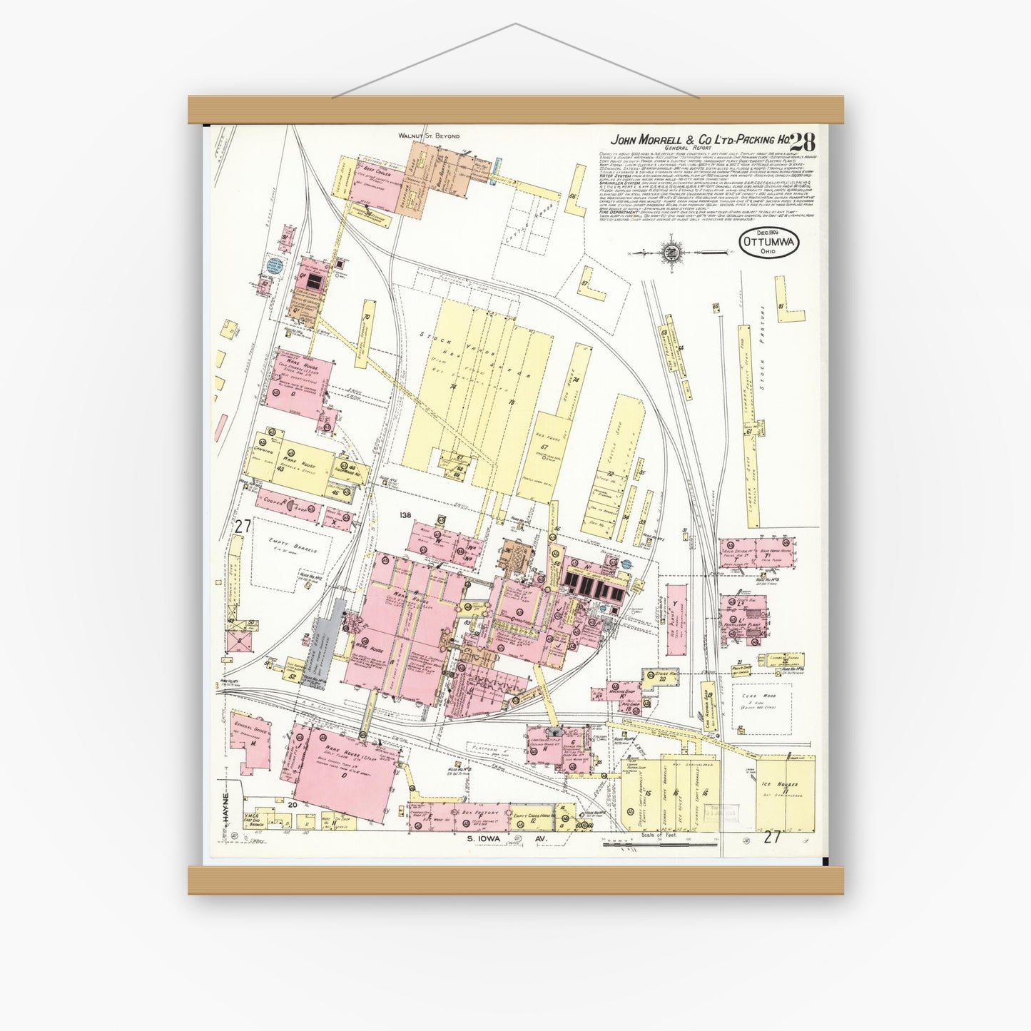 Old map wall art mockup — magnetic wood frame on white wall — Sanborn Fire Insurance Map from Ottumwa, Wapello County, Iowa (1909), Sheet #0028