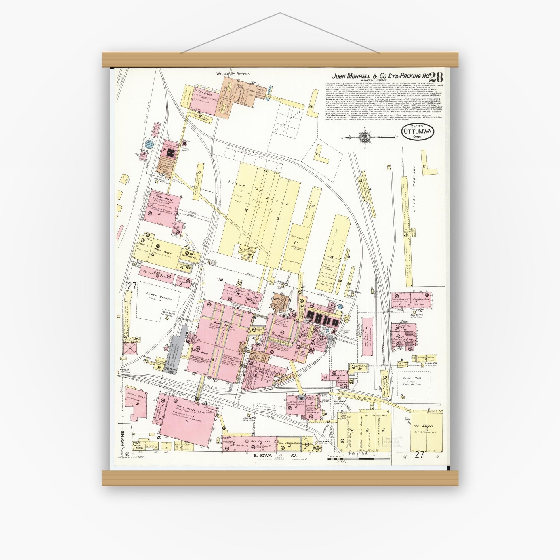 Old map wall art mockup — magnetic wood frame on white wall — Sanborn Fire Insurance Map from Ottumwa, Wapello County, Iowa (1909), Sheet #0028