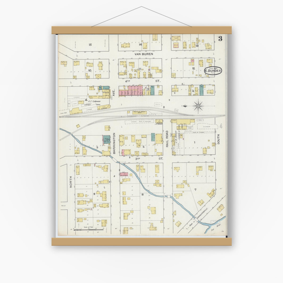 Old map wall art mockup — magnetic wood frame on white wall — Sanborn Fire Insurance Map from Dundee, Kane County, Illinois (1893), Sheet #0003