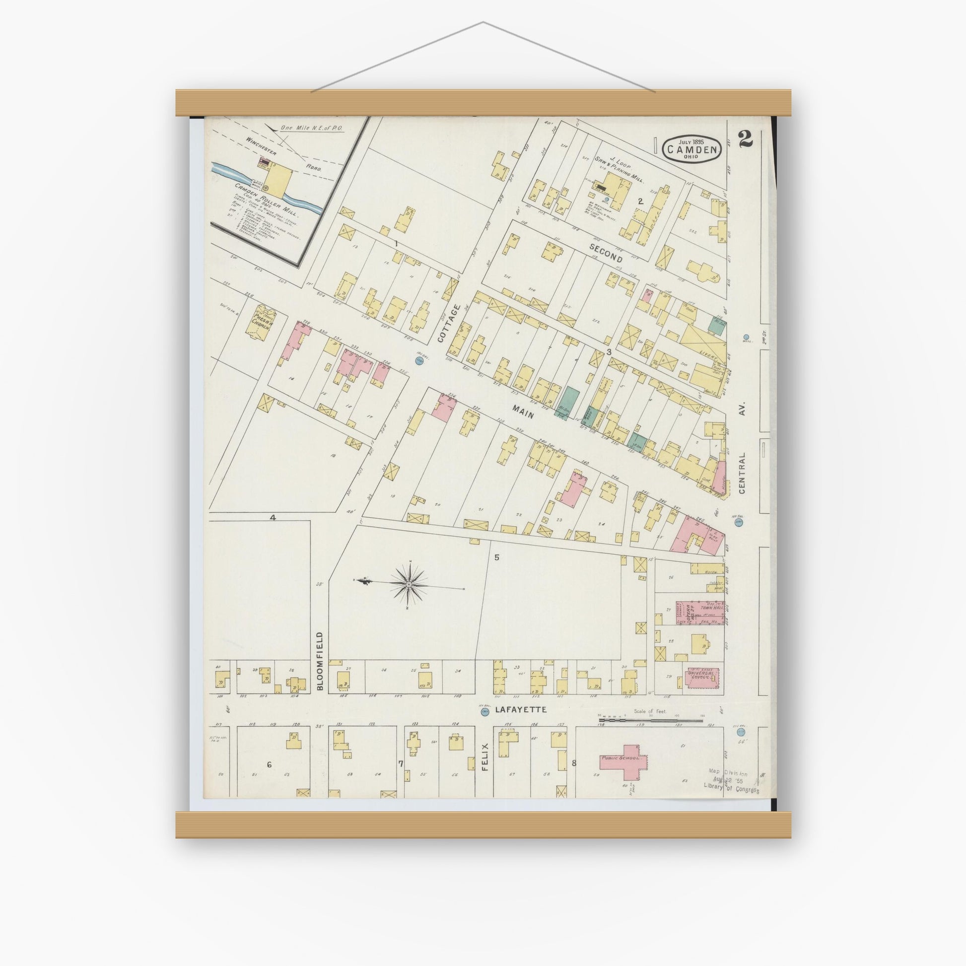 Old map wall art mockup — magnetic wood frame on white wall — Sanborn Fire Insurance Map from Camden, Preble County, Ohio (1895), Sheet #0002