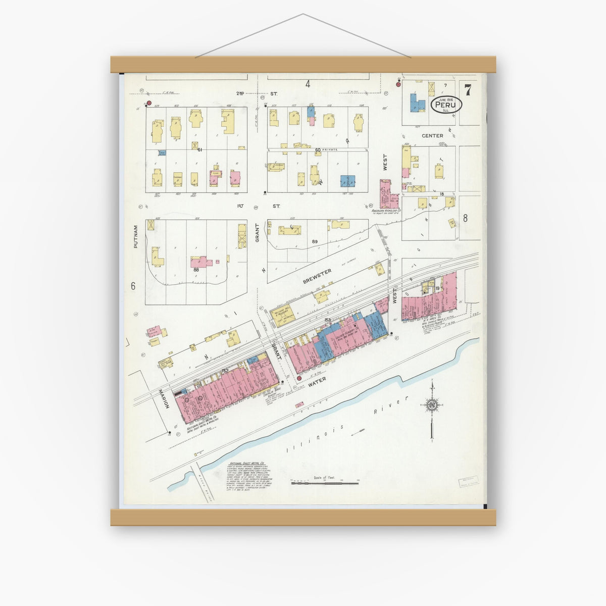 Old map wall art mockup — magnetic wood frame on white wall — Sanborn Fire Insurance Map from Peru, La Salle County, Illinois (1916), Sheet #0007
