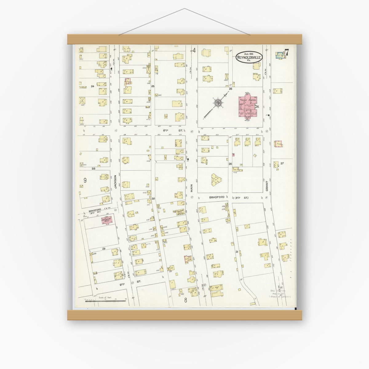 Old map wall art mockup — magnetic wood frame on white wall — Sanborn Fire Insurance Map from Reynoldsville, Jefferson County, Pennsylvania (1912), Sheet #0007