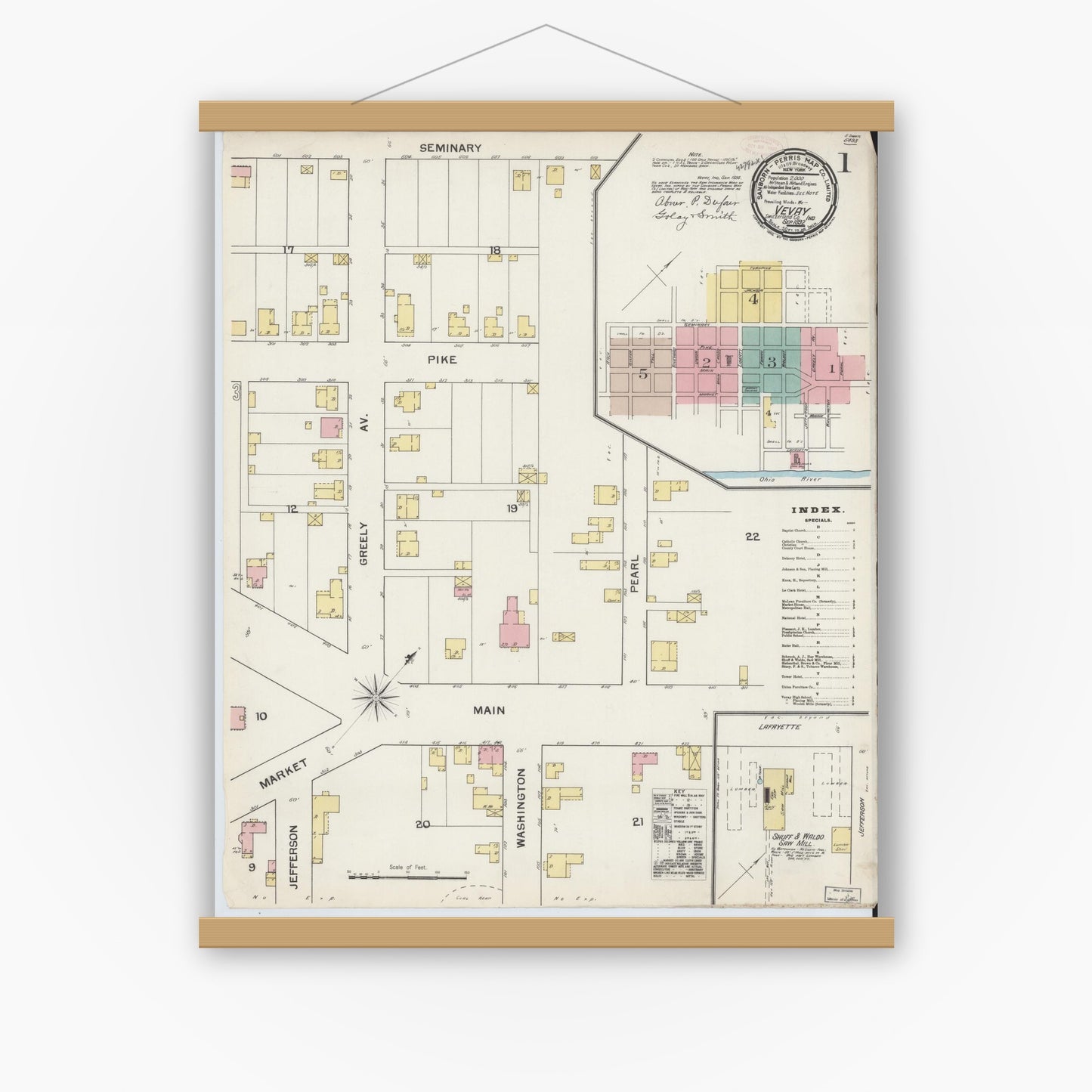 Old map wall art mockup — magnetic wood frame on white wall — Sanborn Fire Insurance Map from Vevay, Switzerland County, Indiana (1892) - Complete Map Set