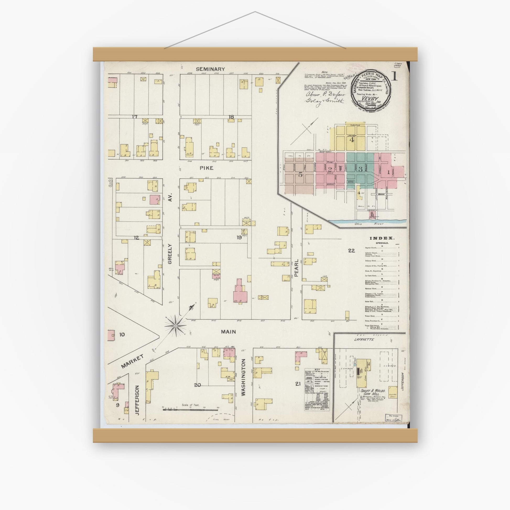 Old map wall art mockup — magnetic wood frame on white wall — Sanborn Fire Insurance Map from Vevay, Switzerland County, Indiana (1892) - Complete Map Set