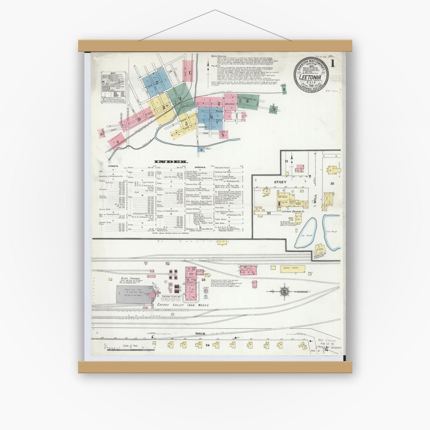 Old map wall art mockup — magnetic wood frame on white wall — Sanborn Fire Insurance Map from Leetonia, Columbiana County, Ohio (1910) - Complete Map Set