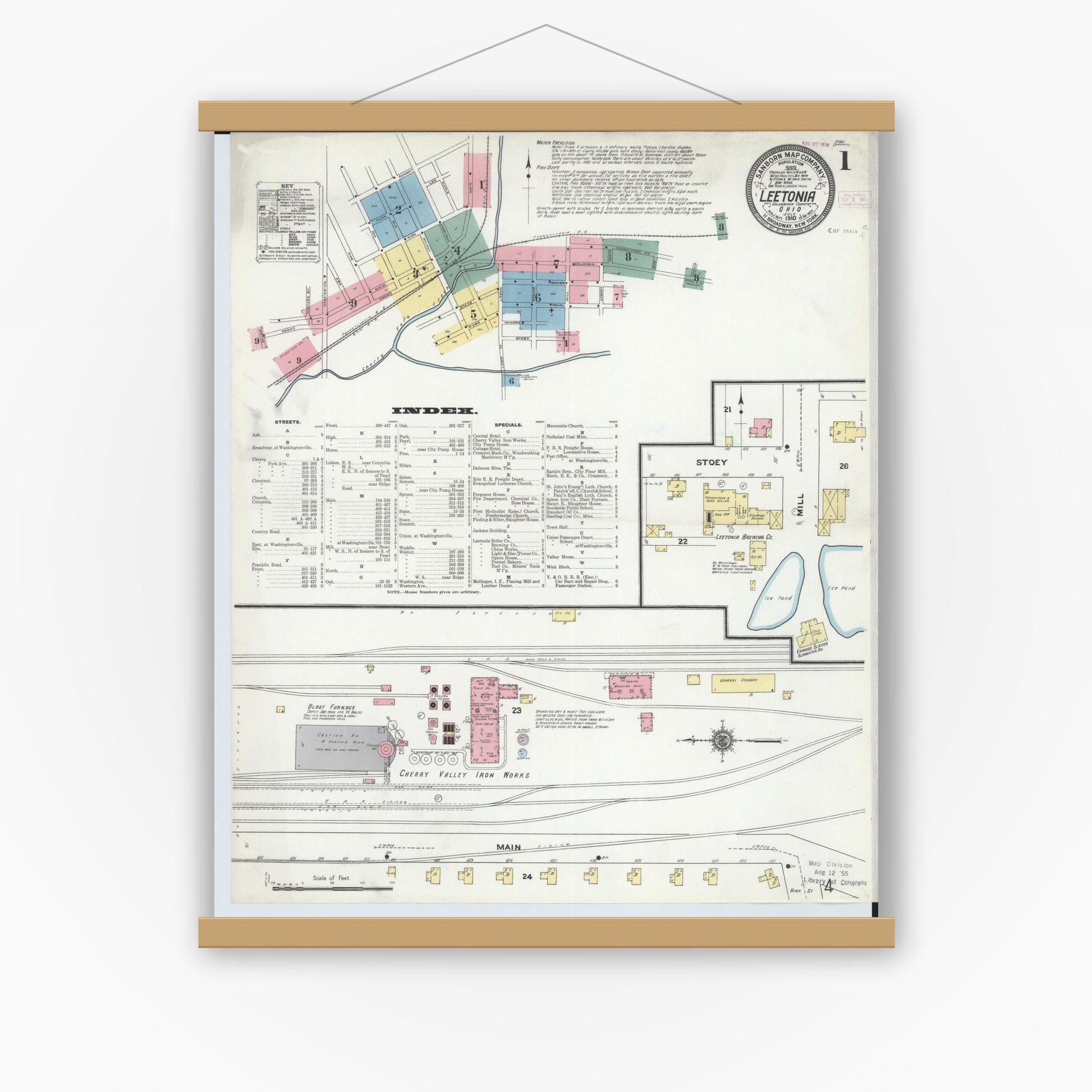 Old map wall art mockup — magnetic wood frame on white wall — Sanborn Fire Insurance Map from Leetonia, Columbiana County, Ohio (1910) - Complete Map Set