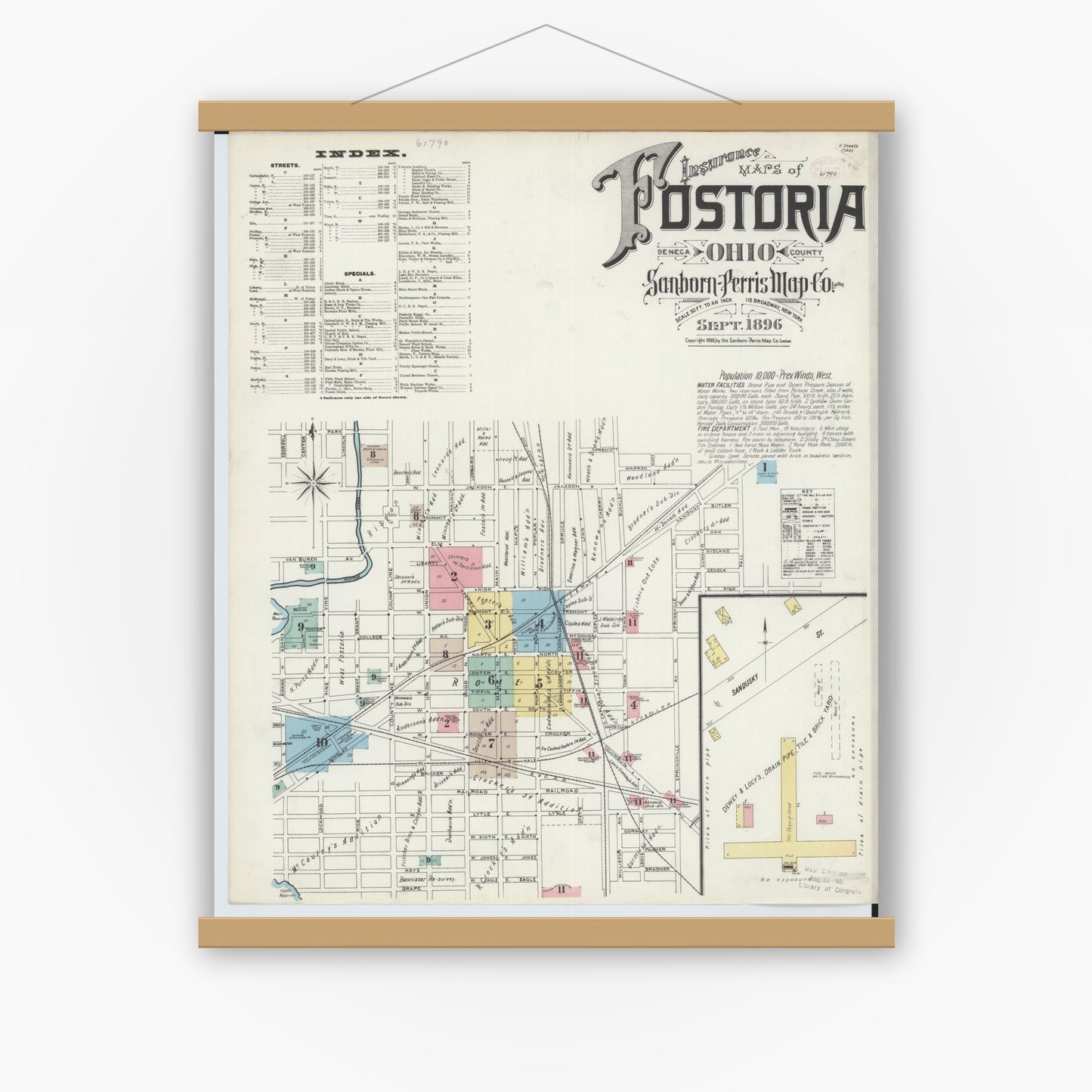 Old map wall art mockup — magnetic wood frame on white wall — Sanborn Fire Insurance Map from Fostoria, Seneca, Hancock, And Wood Counties, Ohio (1896) - Complete Map Set