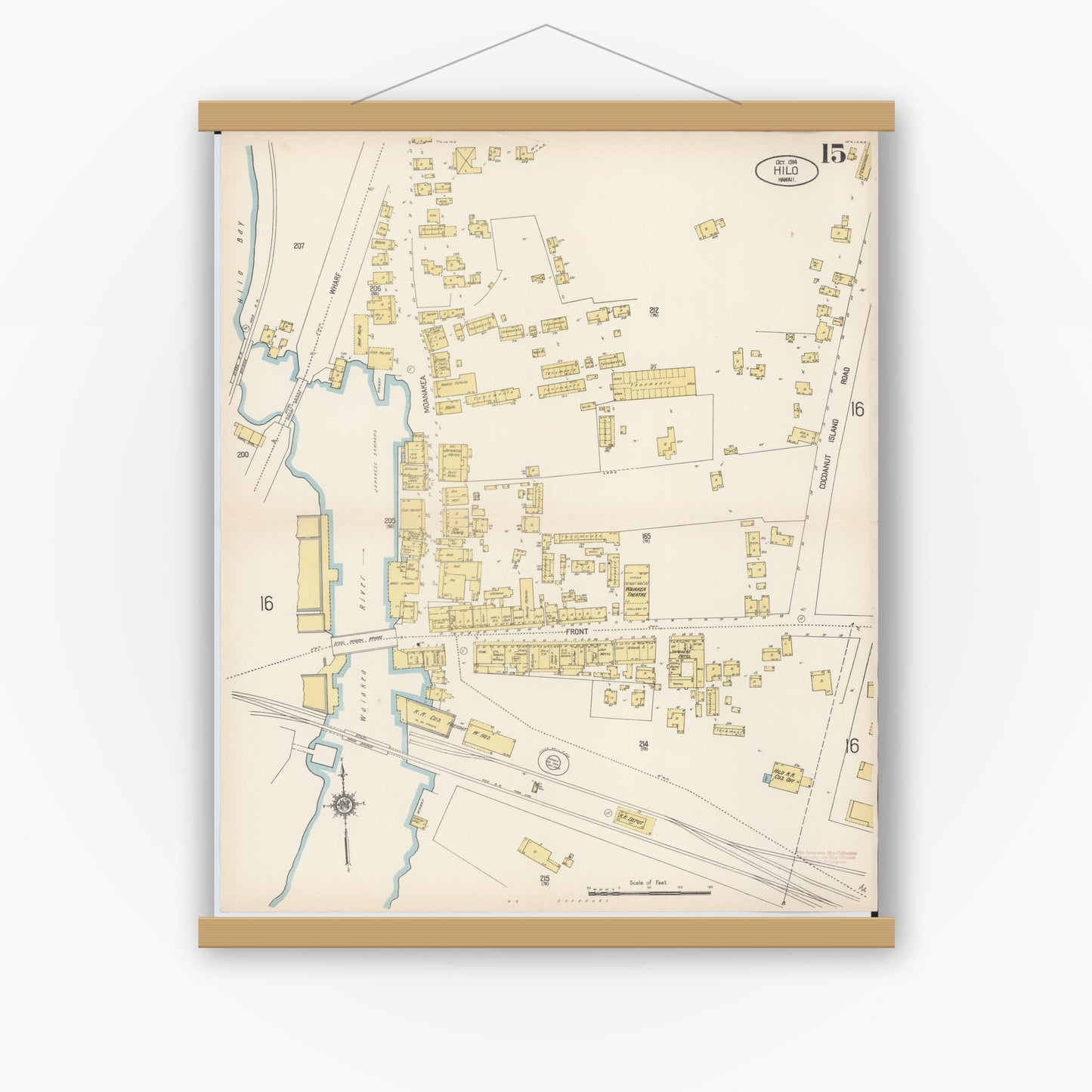 Old map wall art mockup — magnetic wood frame on white wall — Sanborn Fire Insurance Map from Hilo, Hawaii County, Hawaii (1914), Sheet #0015