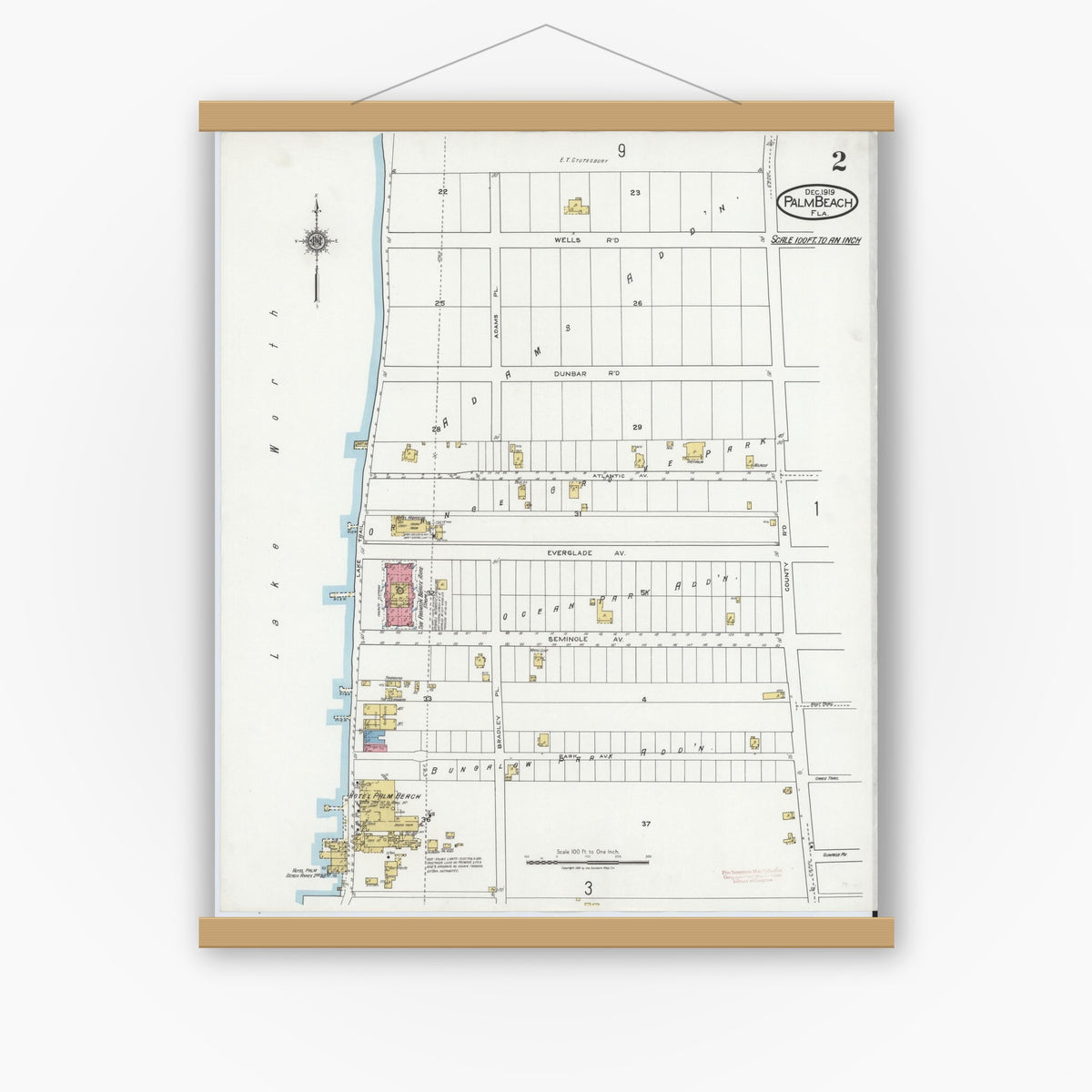 Old map wall art mockup — magnetic wood frame on white wall — Sanborn Fire Insurance Map from Palm Beach, Palm Beach County, Florida (1919), Sheet #0002