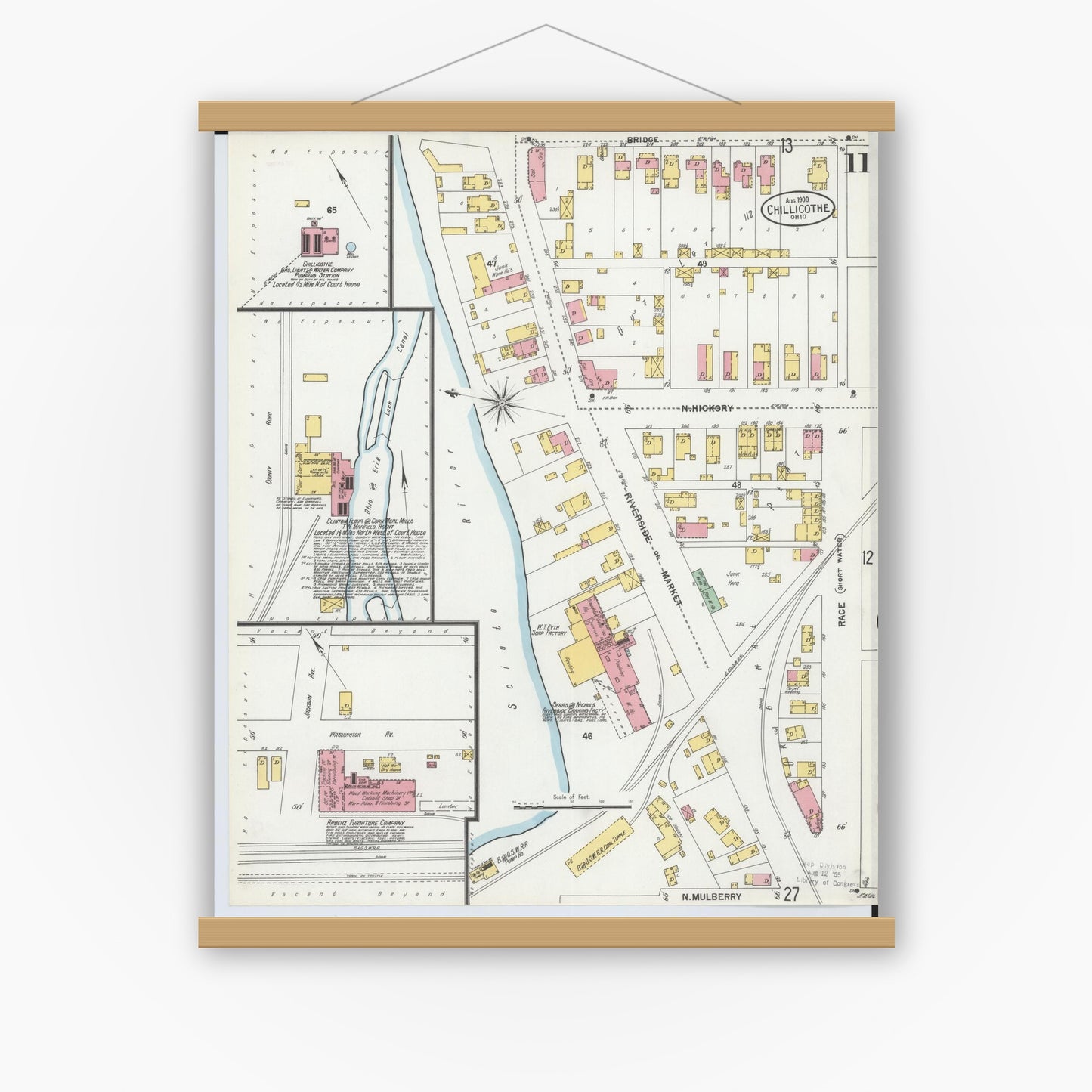 Old map wall art mockup — magnetic wood frame on white wall — Sanborn Fire Insurance Map from Chillicothe, Ross County, Ohio (1900), Sheet #0011