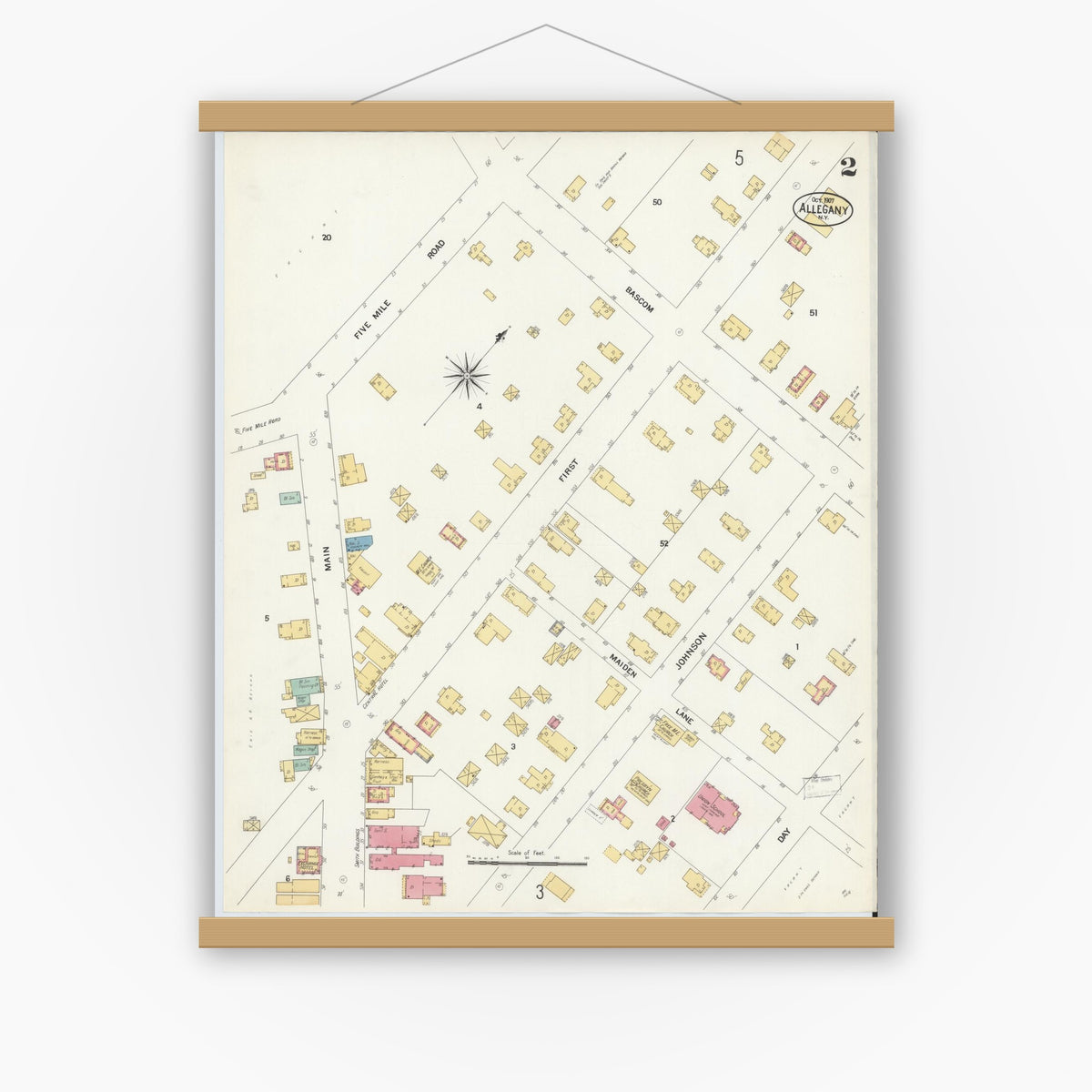 Old map wall art mockup — magnetic wood frame on white wall — Sanborn Fire Insurance Map from Allegany, Cattaraugus County, New York (1907), Sheet #0002