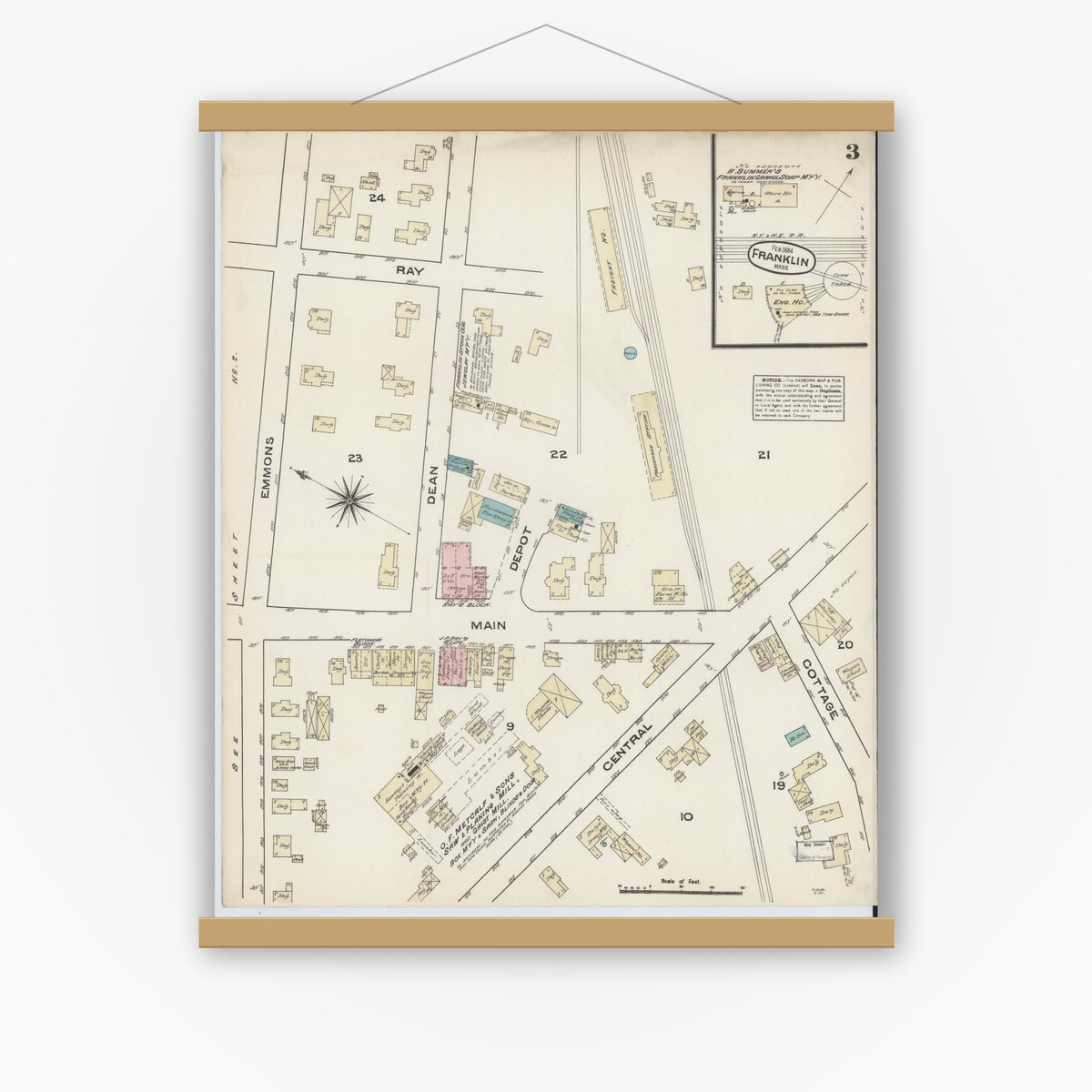 Old map wall art mockup — magnetic wood frame on white wall — Sanborn Fire Insurance Map from Franklin, Norfolk County, Massachusetts (1884), Sheet #0003