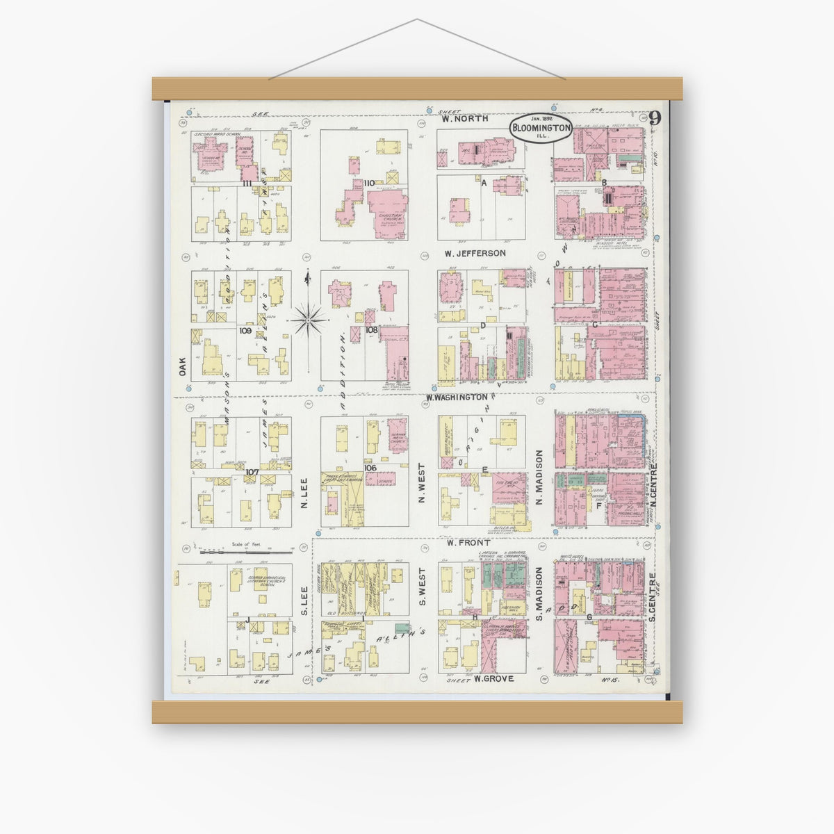 Old map wall art mockup — magnetic wood frame on white wall — Sanborn Fire Insurance Map from Bloomington, McLean County, Illinois (1892), Sheet #0009