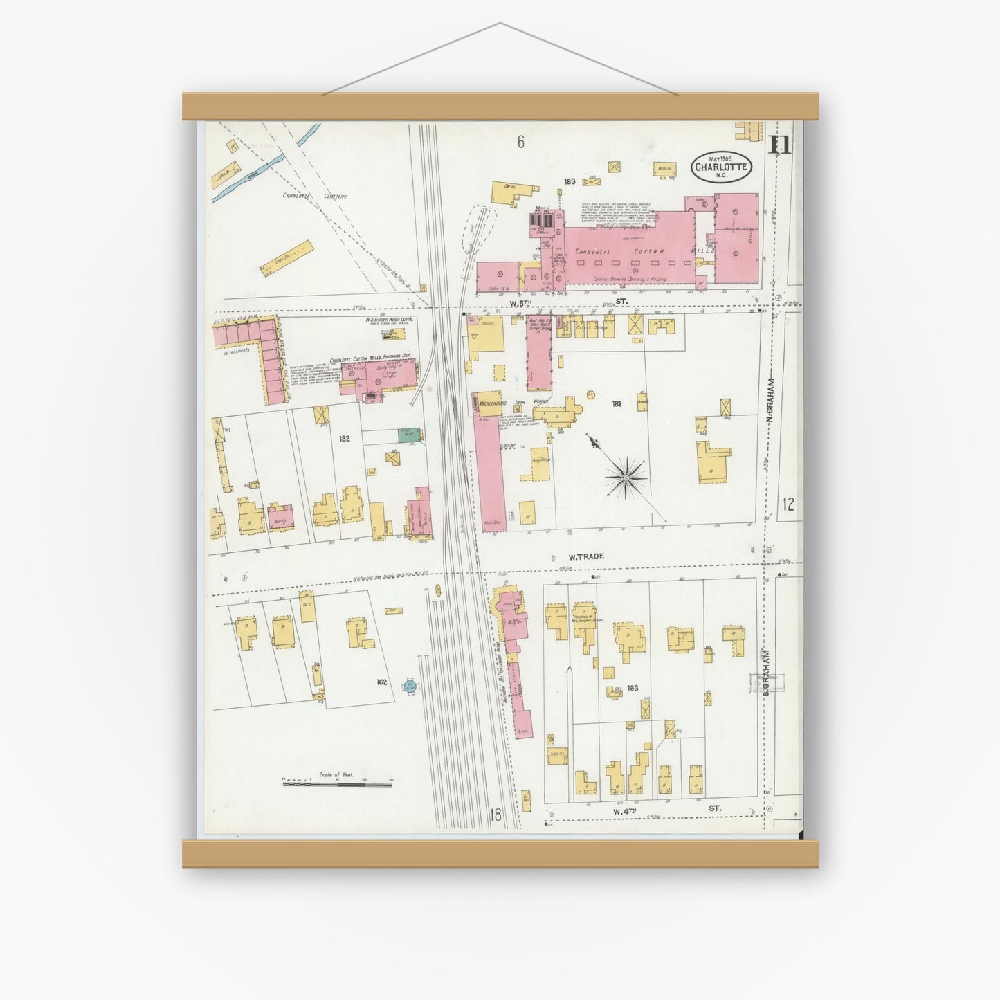 Old map wall art mockup — magnetic wood frame on white wall — Sanborn Fire Insurance Map from Charlotte, Mecklenburg County, North Carolina (1905), Sheet #0011