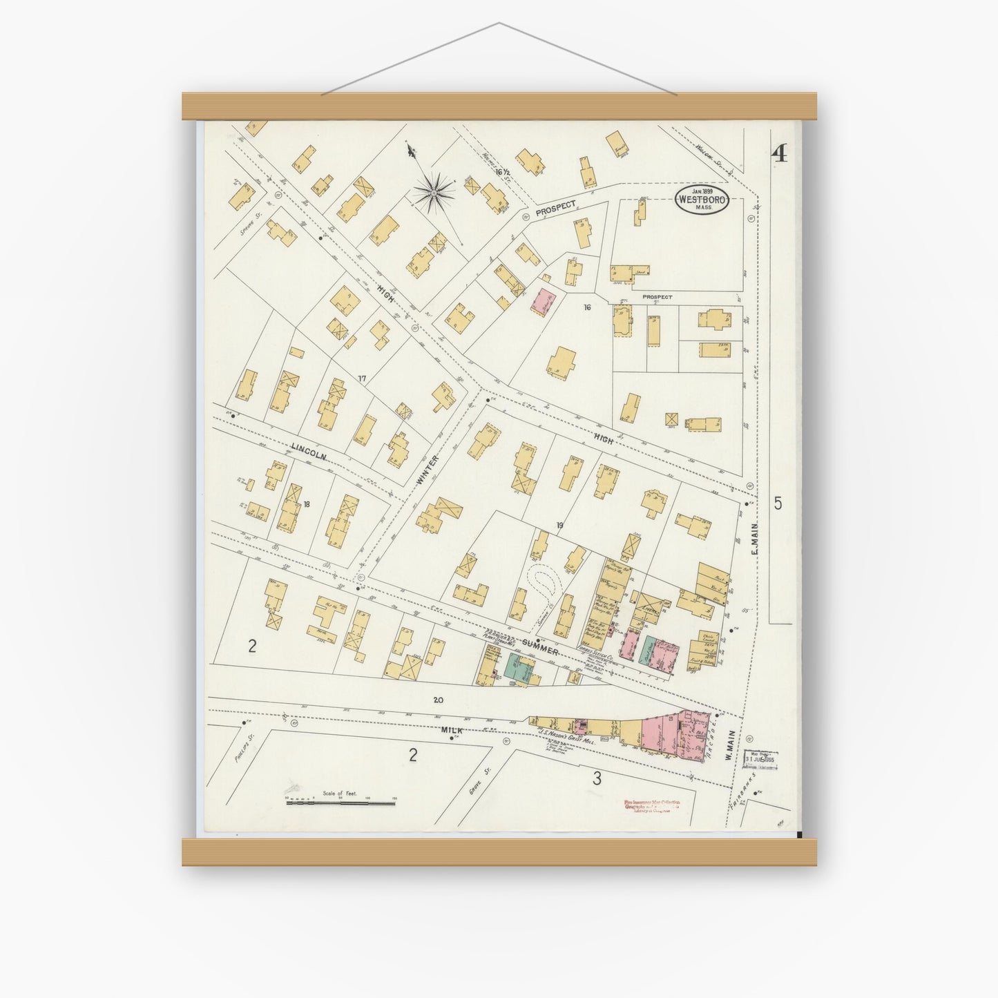 Old map wall art mockup — magnetic wood frame on white wall — Sanborn Fire Insurance Map from Westboro, Worcester County, Massachusetts (1899), Sheet #0004