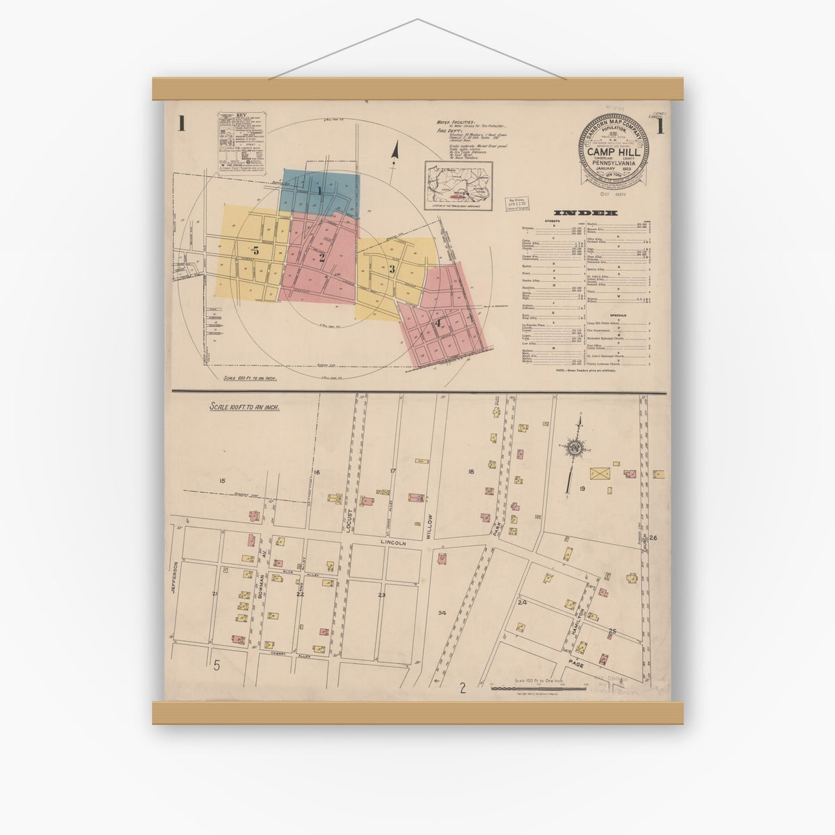 Old map wall art mockup — magnetic wood frame on white wall — Sanborn Fire Insurance Map from Camp Hill, Cumberland County, Pennsylvania (1923) - Complete Map Set