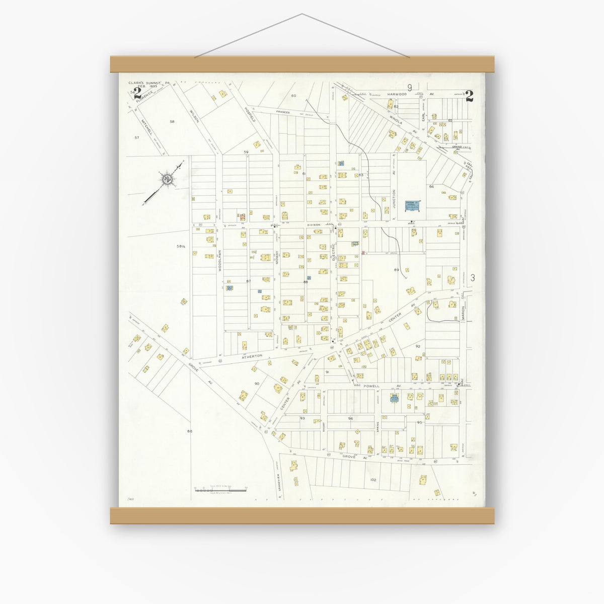 Old map wall art mockup — magnetic wood frame on white wall — Sanborn Fire Insurance Map from Clark's Summit, Lackawanna County, Pennsylvania (1933) - Complete Map Set