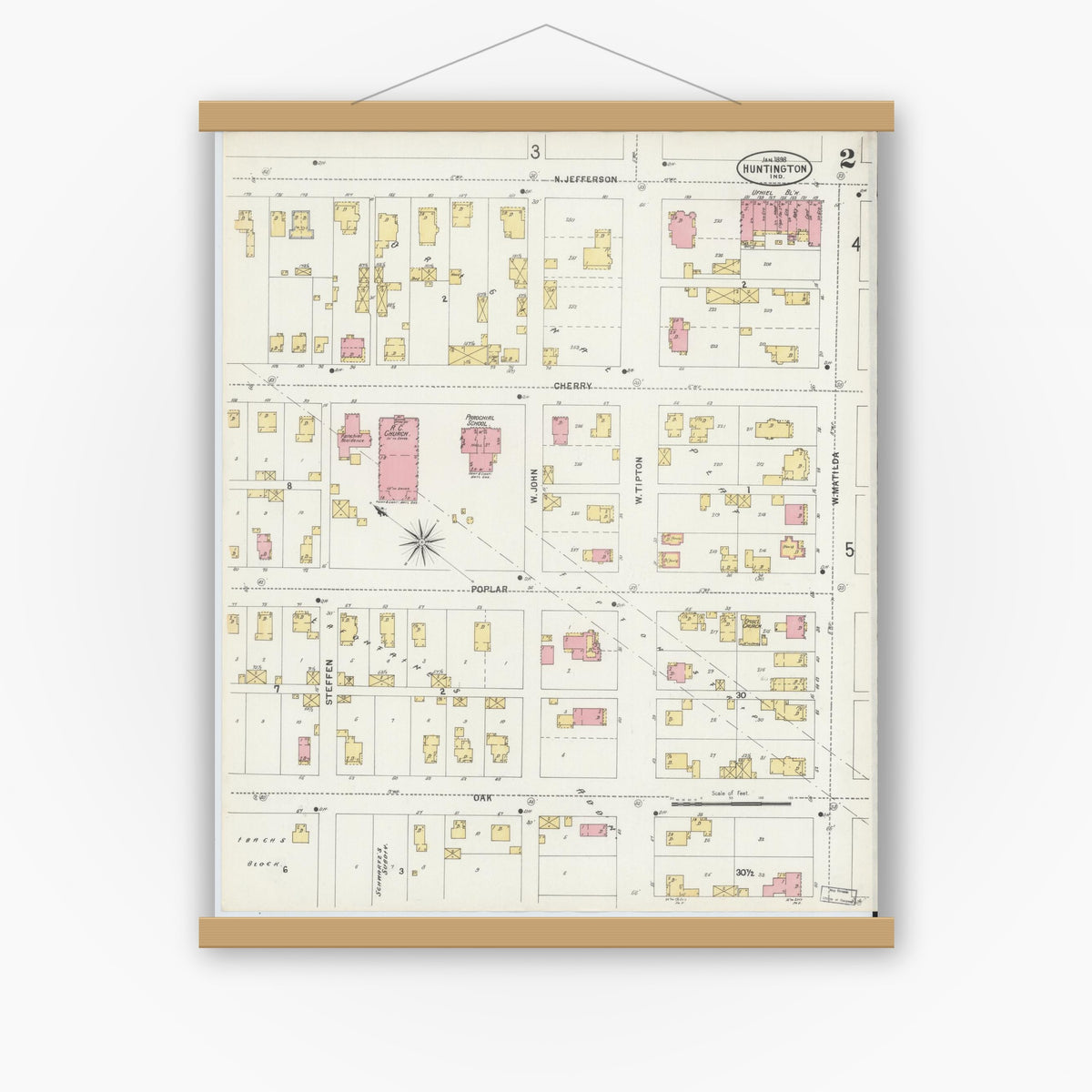 Old map wall art mockup — magnetic wood frame on white wall — Sanborn Fire Insurance Map from Huntington, Huntington County, Indiana (1898), Sheet #0002