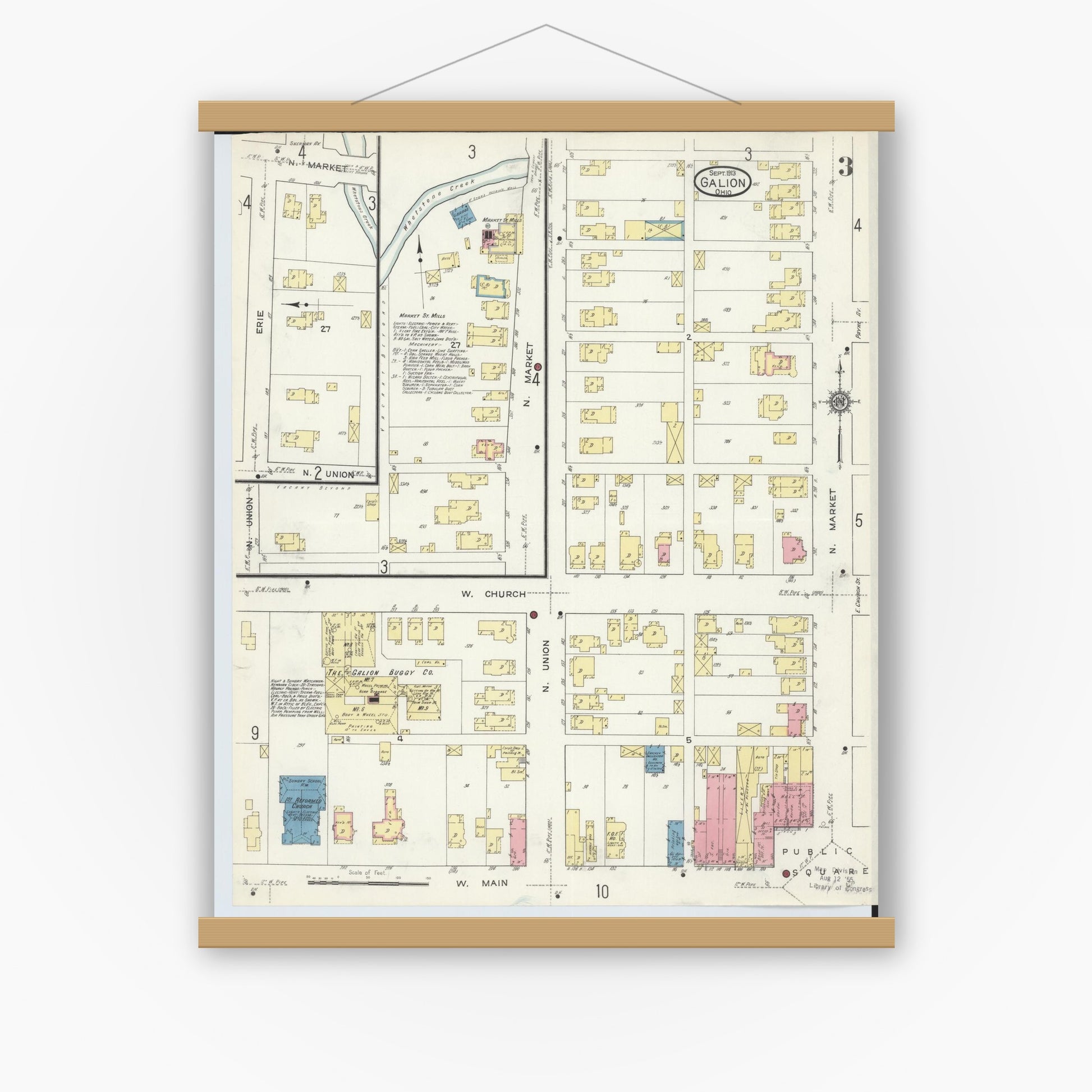 Old map wall art mockup — magnetic wood frame on white wall — Sanborn Fire Insurance Map from Galion, Crawford County, Ohio (1913), Sheet #0003