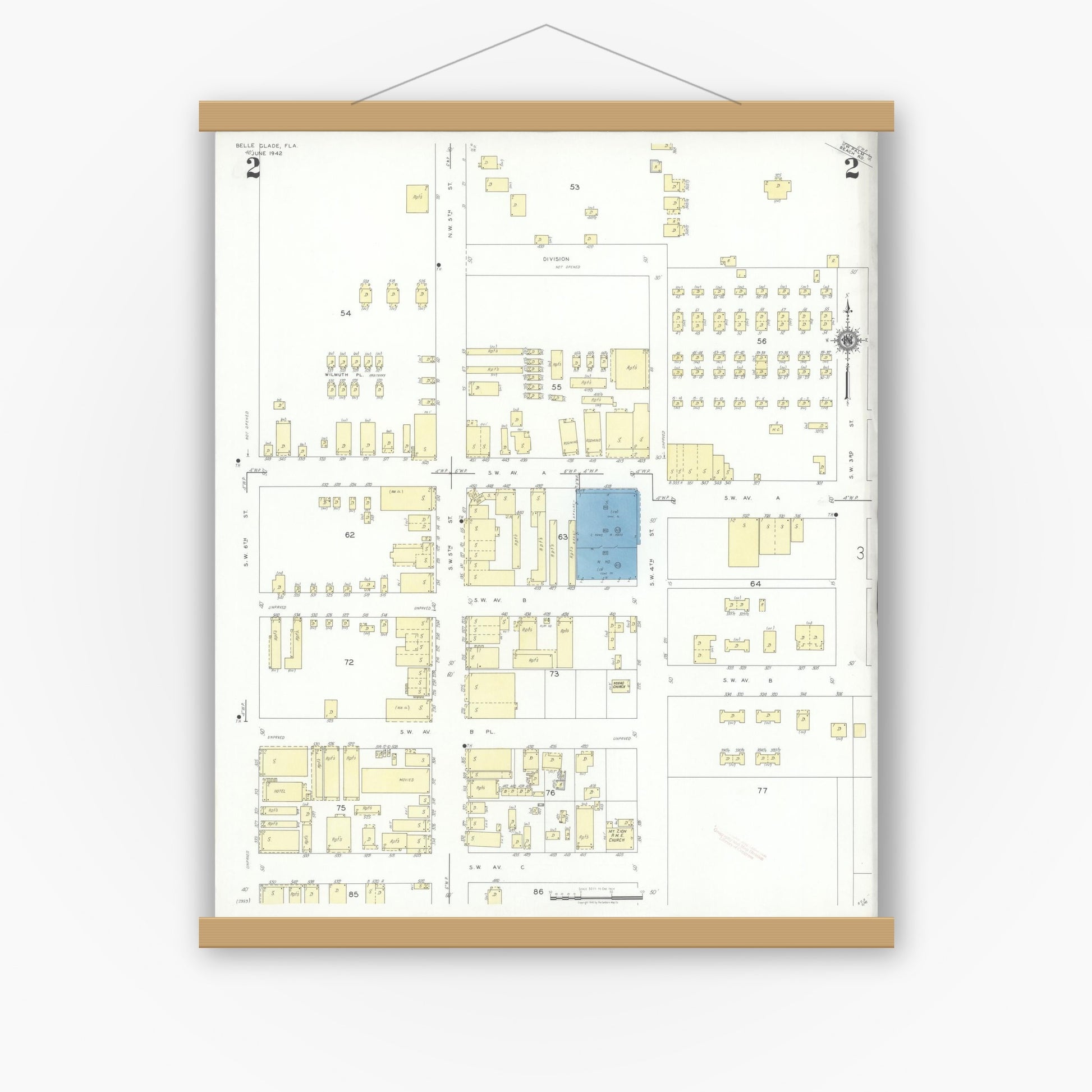 Old map wall art mockup — magnetic wood frame on white wall — Sanborn Fire Insurance Map from Belle Glade, Palm Beach County, Florida (1942), Sheet #0002