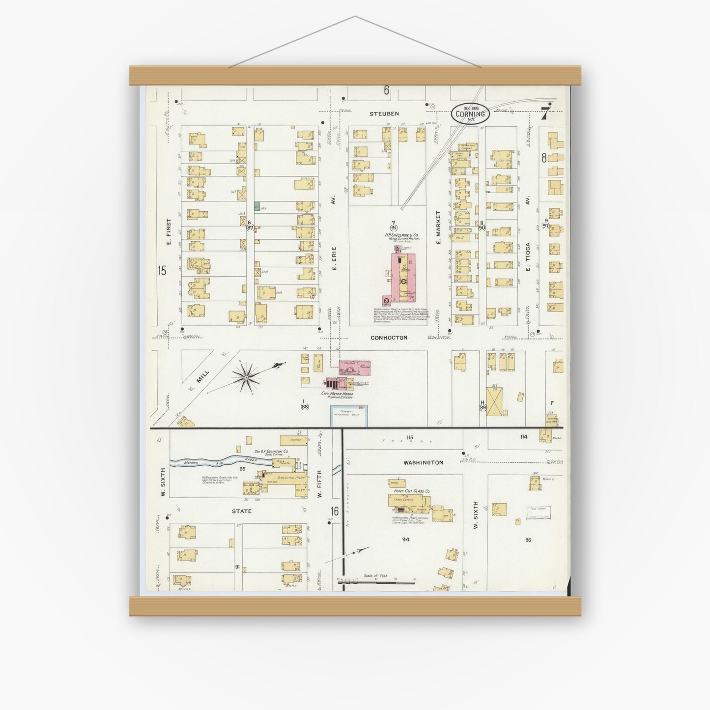 Old map wall art mockup — magnetic wood frame on white wall — Sanborn Fire Insurance Map from Corning, Steuben County, New York (1908), Sheet #0007
