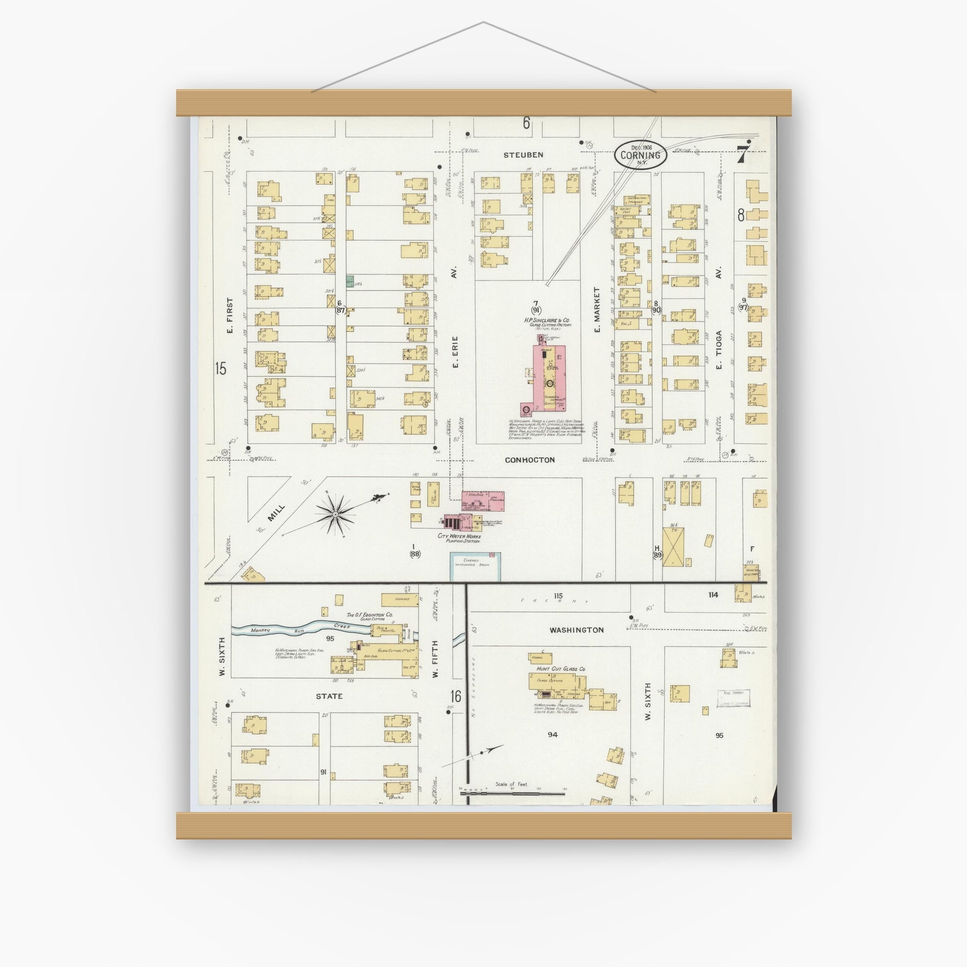 Old map wall art mockup — magnetic wood frame on white wall — Sanborn Fire Insurance Map from Corning, Steuben County, New York (1908), Sheet #0007