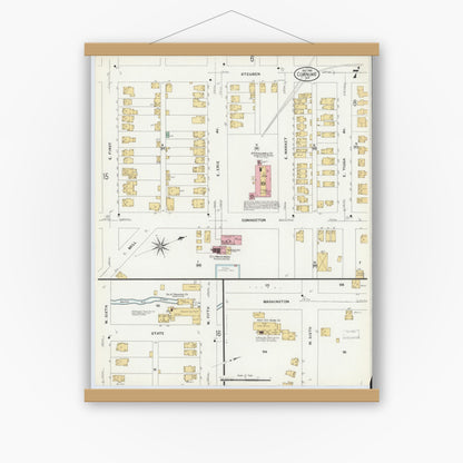 Old map wall art mockup — magnetic wood frame on white wall — Sanborn Fire Insurance Map from Corning, Steuben County, New York (1908), Sheet #0007