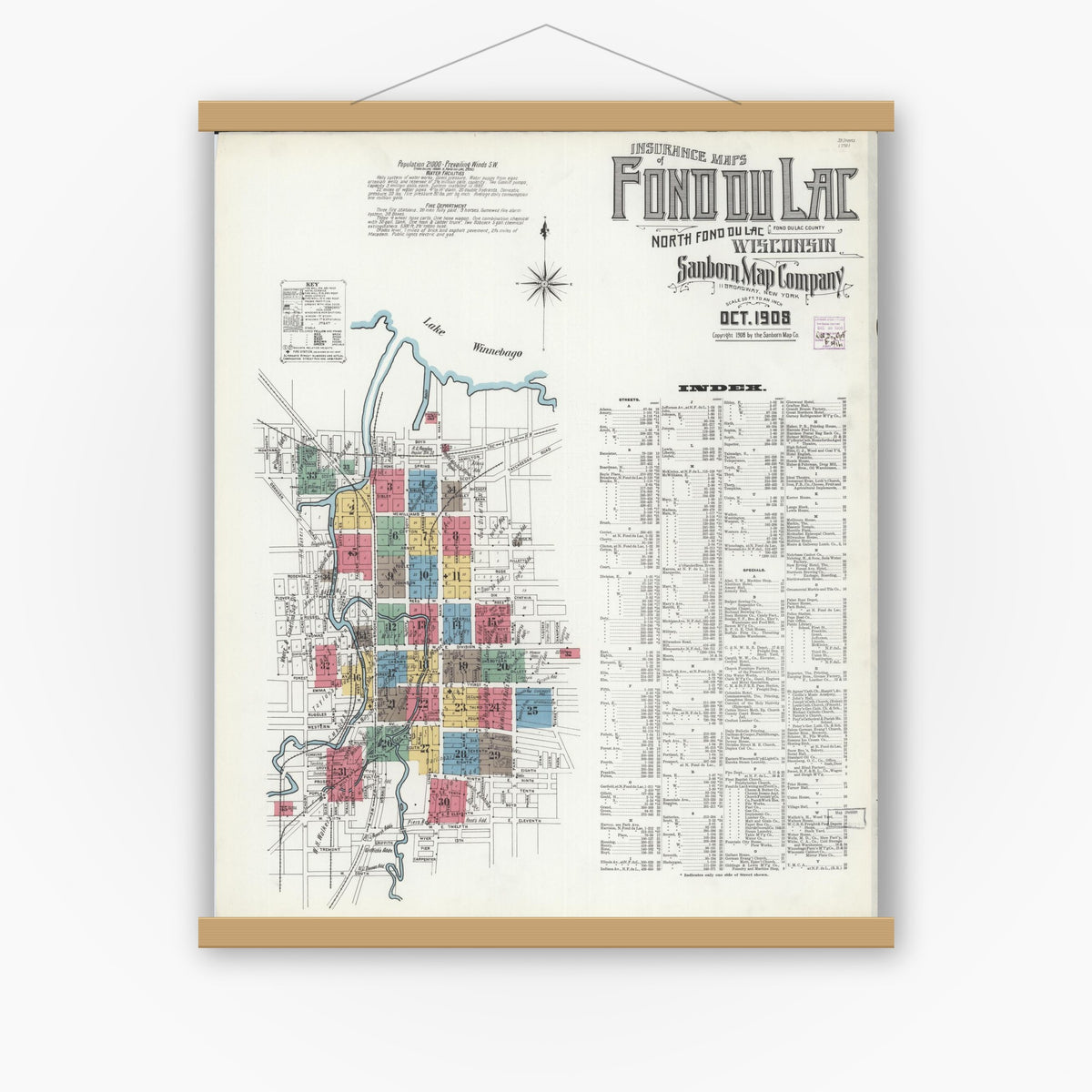 Old map wall art mockup — magnetic wood frame on white wall — Sanborn Fire Insurance Map from Fond du Lac, Fond du Lac County, Wisconsin (1908), Sheet #0001