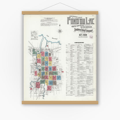 Old map wall art mockup — magnetic wood frame on white wall — Sanborn Fire Insurance Map from Fond du Lac, Fond du Lac County, Wisconsin (1908), Sheet #0001