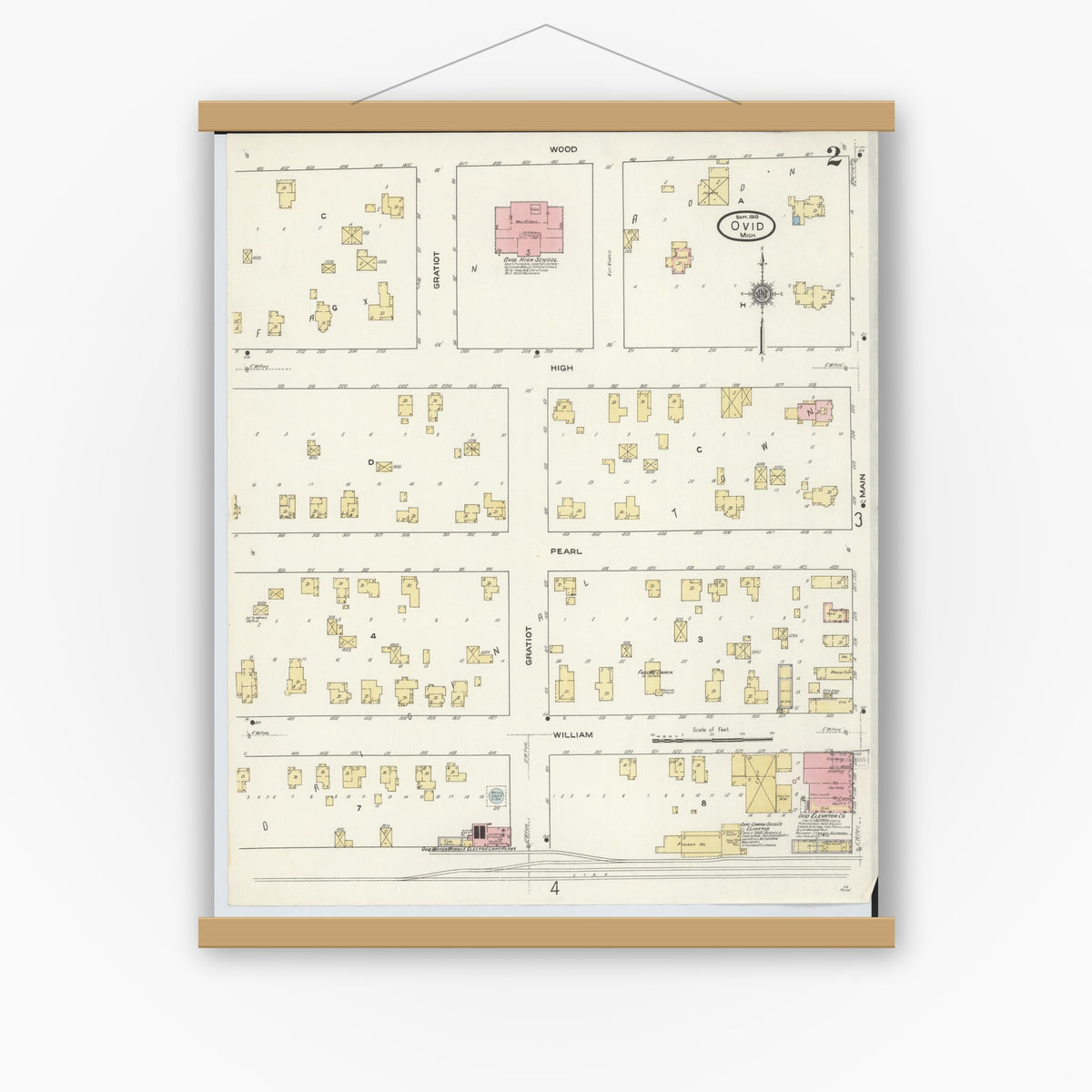 Old map wall art mockup — magnetic wood frame on white wall — Sanborn Fire Insurance Map from Ovid, Clinton County, Michigan (1910), Sheet #0002