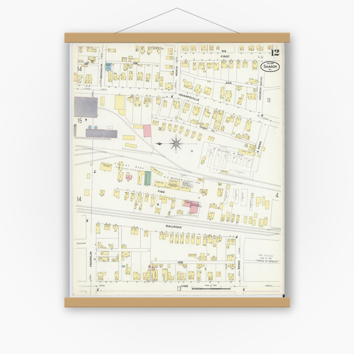 Old map wall art mockup — magnetic wood frame on white wall — Sanborn Fire Insurance Map from Sharon, Mercer County, Pennsylvania (1908), Sheet #0012