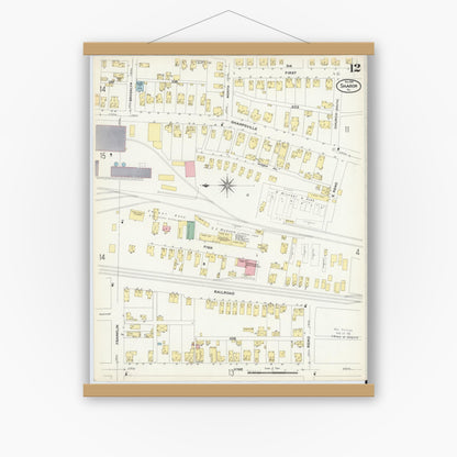 Old map wall art mockup — magnetic wood frame on white wall — Sanborn Fire Insurance Map from Sharon, Mercer County, Pennsylvania (1908), Sheet #0012