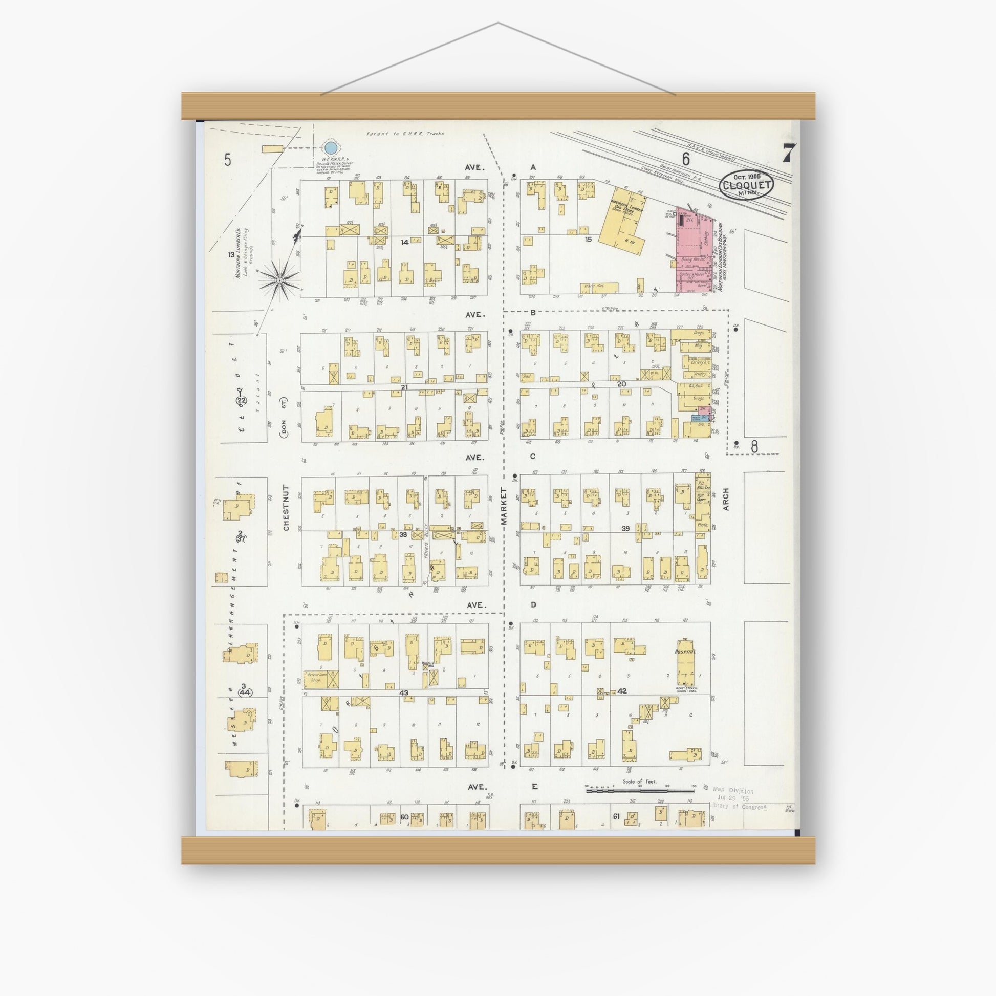 Old map wall art mockup — magnetic wood frame on white wall — Sanborn Fire Insurance Map from Cloquet, Carlton County, Minnesota (1905), Sheet #0007