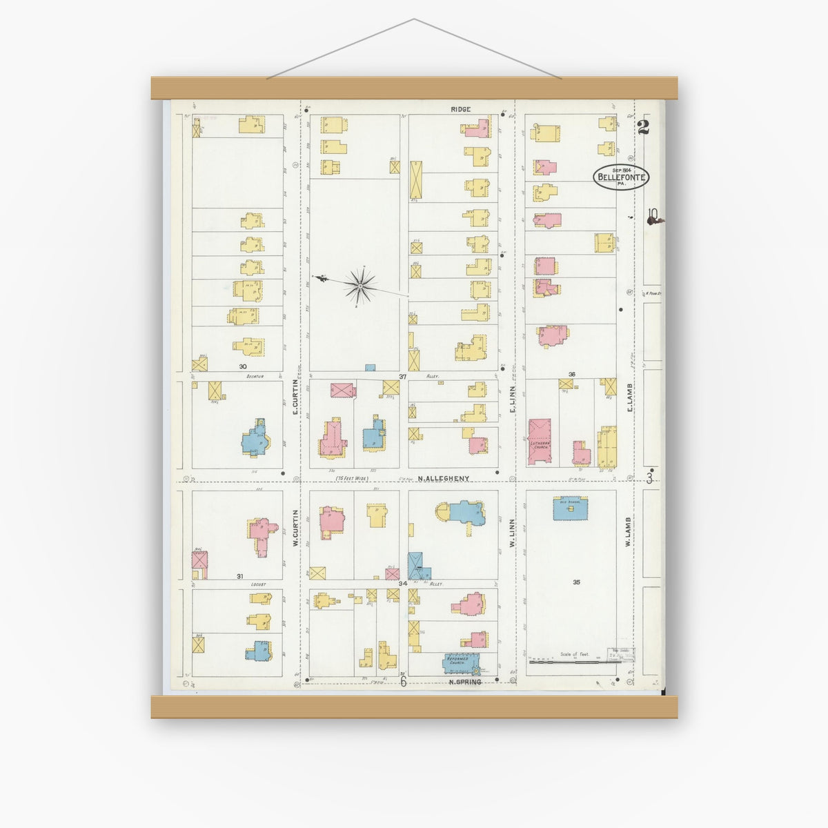 Old map wall art mockup — magnetic wood frame on white wall — Sanborn Fire Insurance Map from Bellefonte, Centre County, Pennsylvania (1904), Sheet #0002