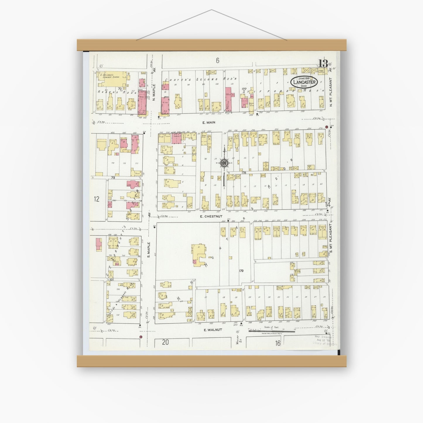Old map wall art mockup — magnetic wood frame on white wall — Sanborn Fire Insurance Map from Lancaster, Fairfield County, Ohio (1919), Sheet #0013