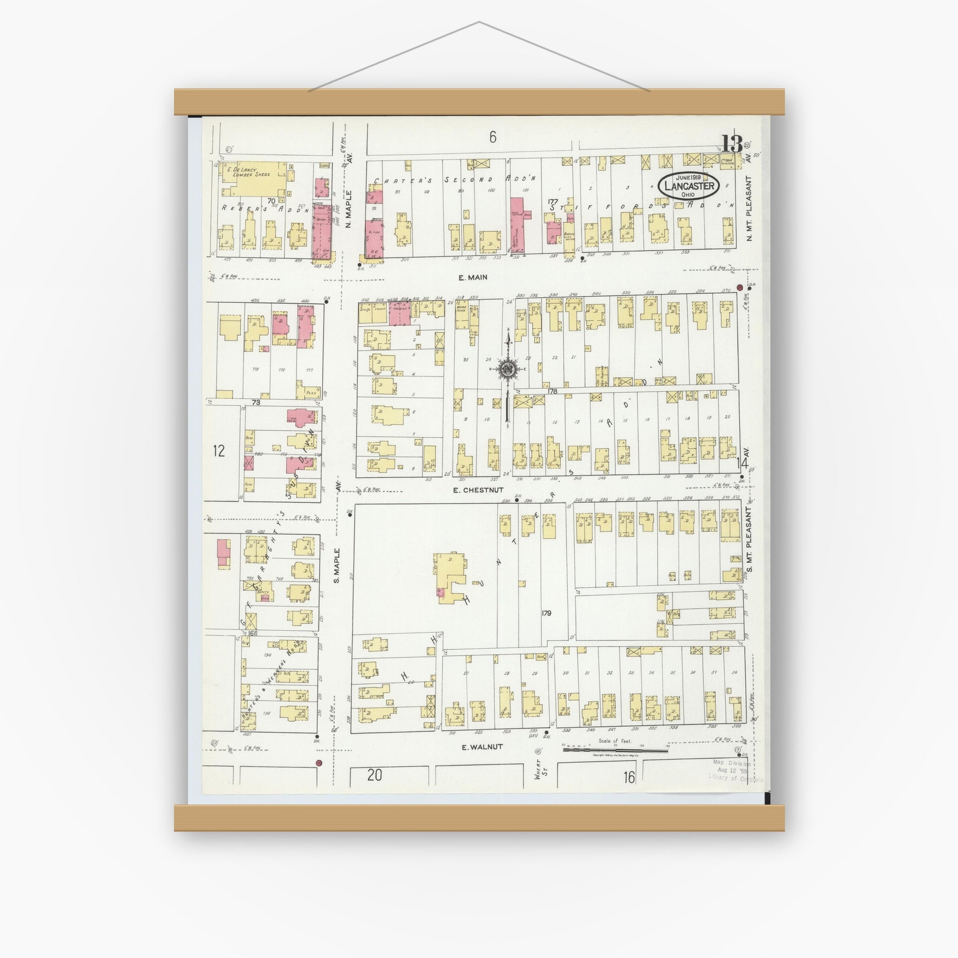 Old map wall art mockup — magnetic wood frame on white wall — Sanborn Fire Insurance Map from Lancaster, Fairfield County, Ohio (1919), Sheet #0013