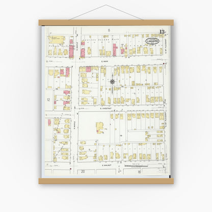 Old map wall art mockup — magnetic wood frame on white wall — Sanborn Fire Insurance Map from Lancaster, Fairfield County, Ohio (1919), Sheet #0013