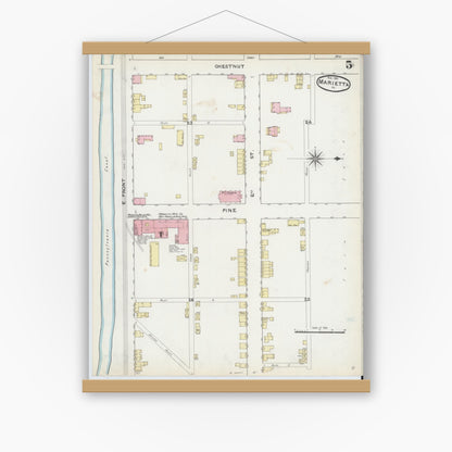 Old map wall art mockup — magnetic wood frame on white wall — Sanborn Fire Insurance Map from Marietta, Lancaster County, Pennsylvania (1891), Sheet #0005