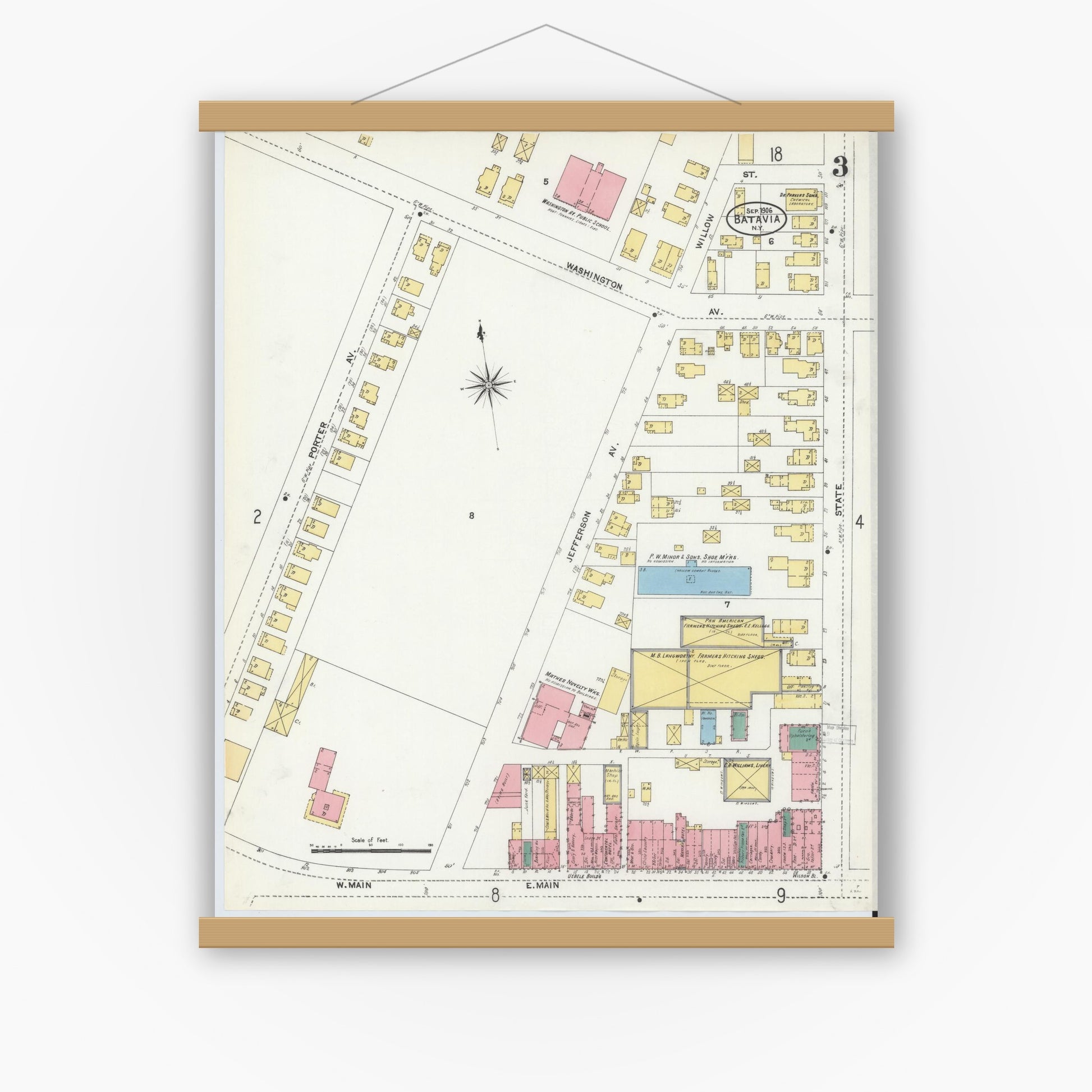 Old map wall art mockup — magnetic wood frame on white wall — Sanborn Fire Insurance Map from Batavia, Genesee County, New York (1906), Sheet #0003