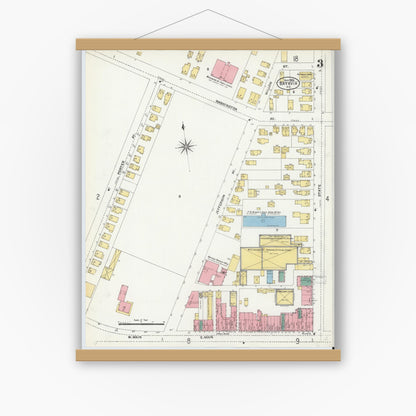 Old map wall art mockup — magnetic wood frame on white wall — Sanborn Fire Insurance Map from Batavia, Genesee County, New York (1906), Sheet #0003