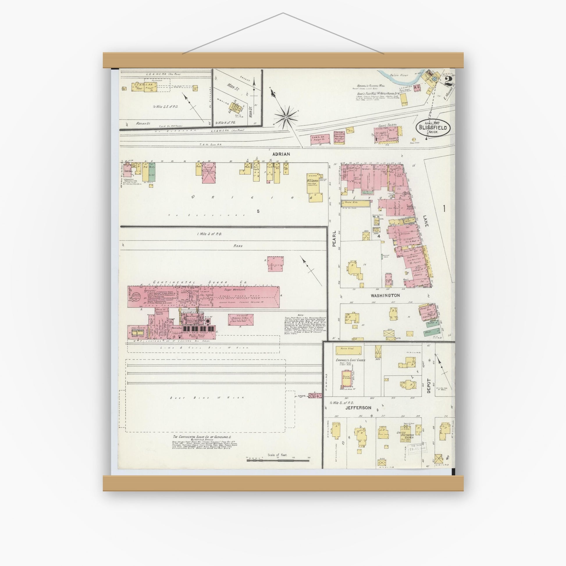 Old map wall art mockup — magnetic wood frame on white wall — Sanborn Fire Insurance Map from Blissfield, Lenawee County, Michigan (1907), Sheet #0002