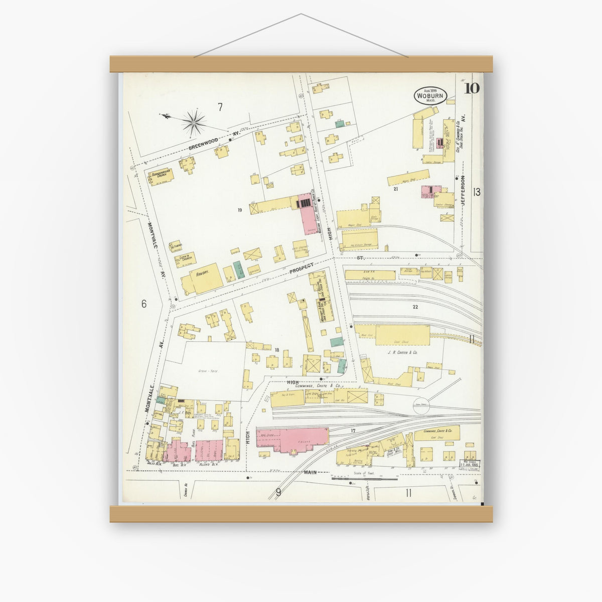 Old map wall art mockup — magnetic wood frame on white wall — Sanborn Fire Insurance Map from Woburn, Middlesex County, Massachusetts (1899), Sheet #0010