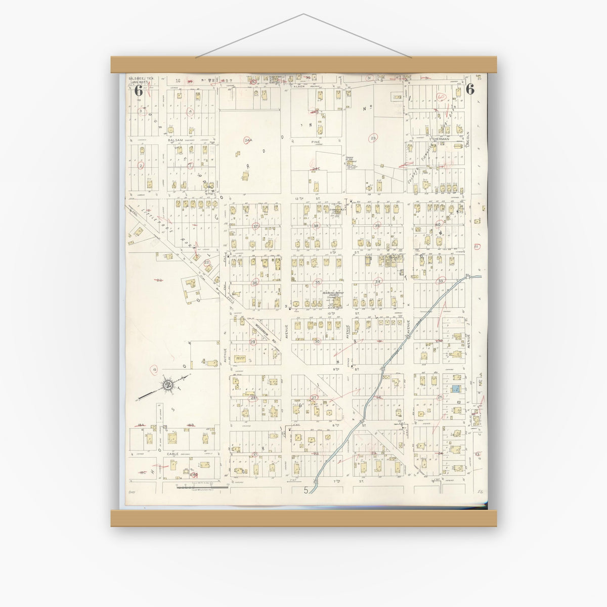 Old map wall art mockup — magnetic wood frame on white wall — Sanborn Fire Insurance Map from Silsbee, Hardin County, Texas (1942), Sheet #0006