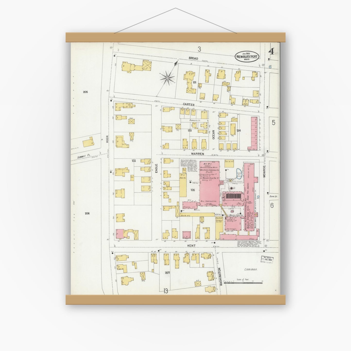 Old map wall art mockup — magnetic wood frame on white wall — Sanborn Fire Insurance Map from Newburyport, Essex County, Massachusetts (1900), Sheet #0004