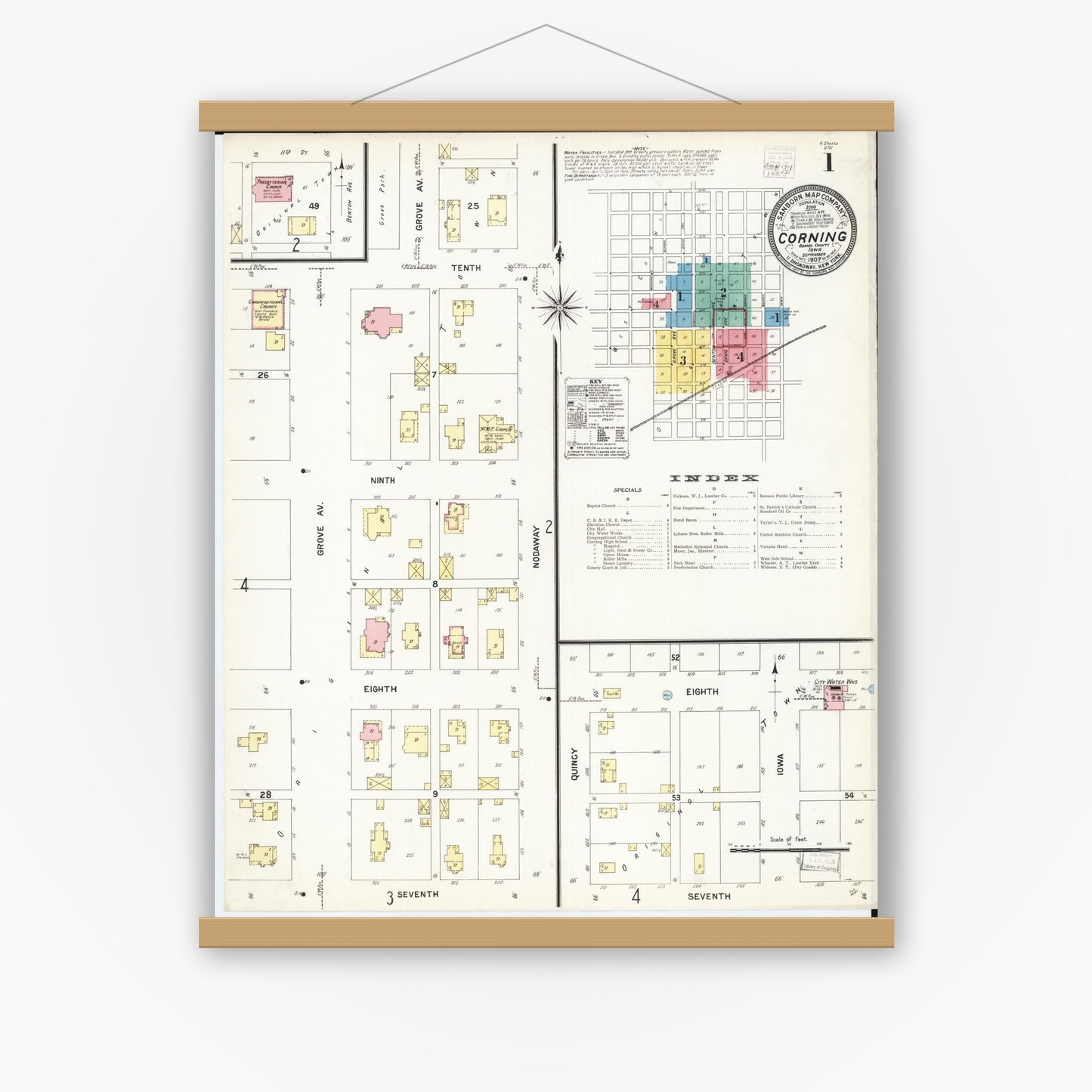 Old map wall art mockup — magnetic wood frame on white wall — Sanborn Fire Insurance Map from Corning, Adams County, Iowa (1907), Sheet #0001